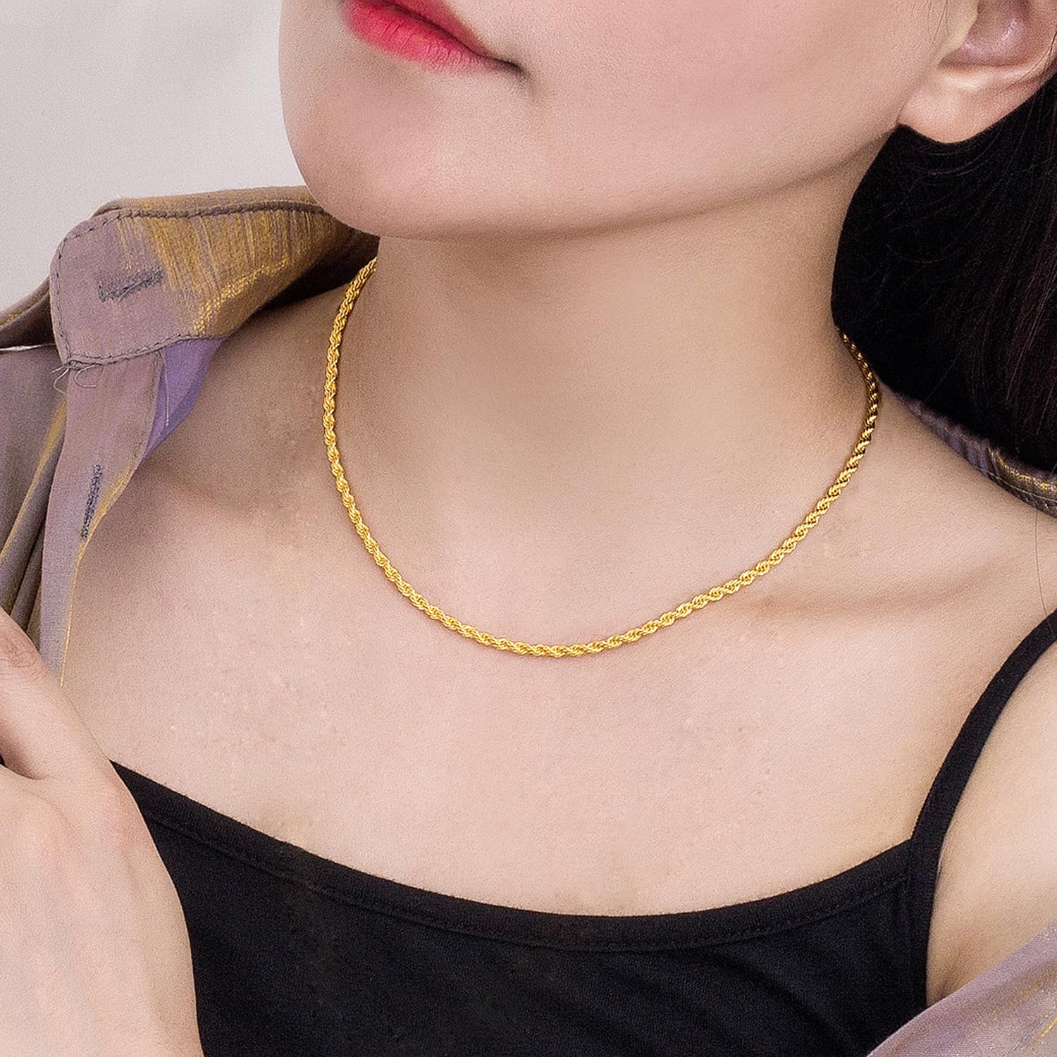 Dankadi Collana a corda fine 3 mm per ciondolo in argento 925, catena intrecciata a maglia, placcata oro 16-30" (40-76 cm), design italiano, regalo per festa di compleanno per uomo e donna