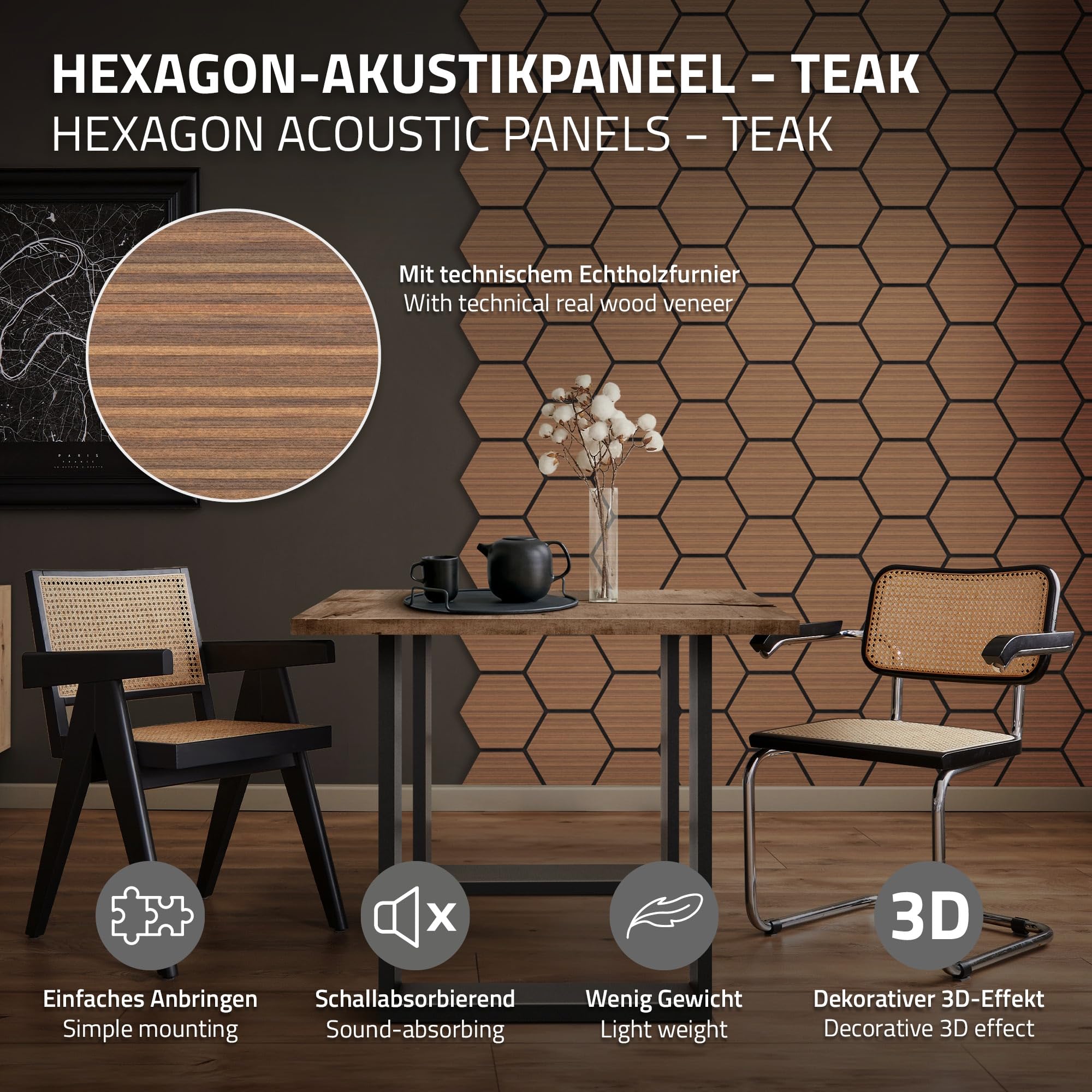 ML-Design Set di 2 Pannelli Acustici 66x81x2 cm per 1 m² Teak Pannelli Murali Fonoassorbenti in MDF con Effetto Legno Esagonale Rivestimento da Parete per Isolamento Acustico per Ufficio e Studio