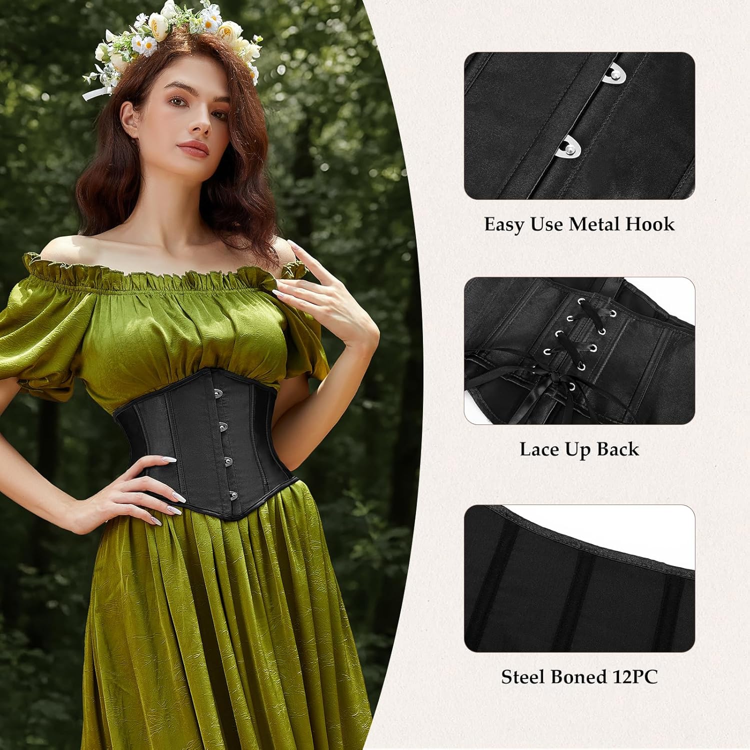JASGOOD Corset Belt for Women Underbust Boned Lace Up Corset Wide Waist Corsets Halloween Cosplay Renaissance Pirate Belt - Image 2