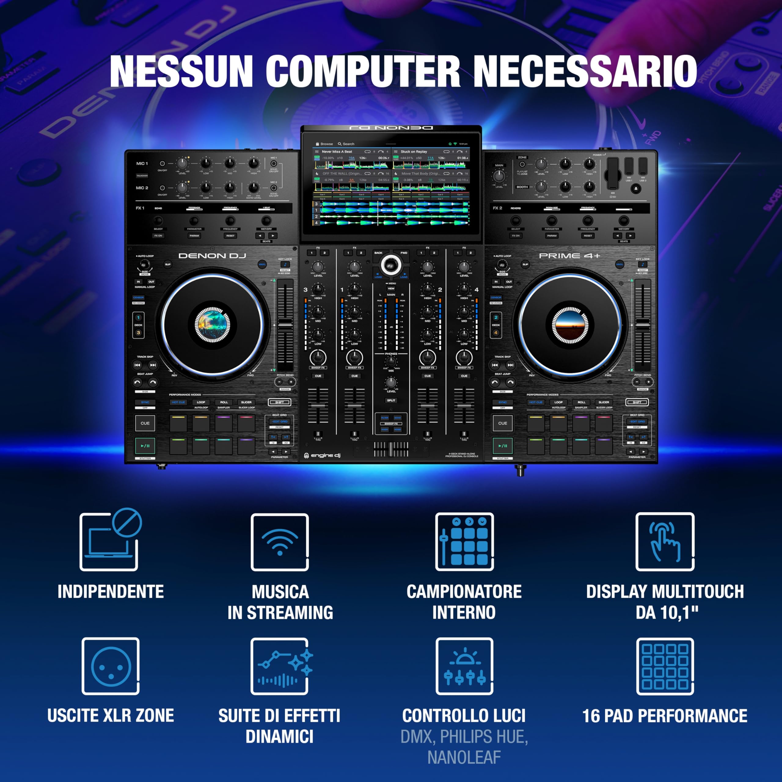 Denon DJ PRIME 4+ Controller 4-Deck Stem Separation Wi-Fi Mixer Drop Sampler 10.1" Touchscreen Luci Nero