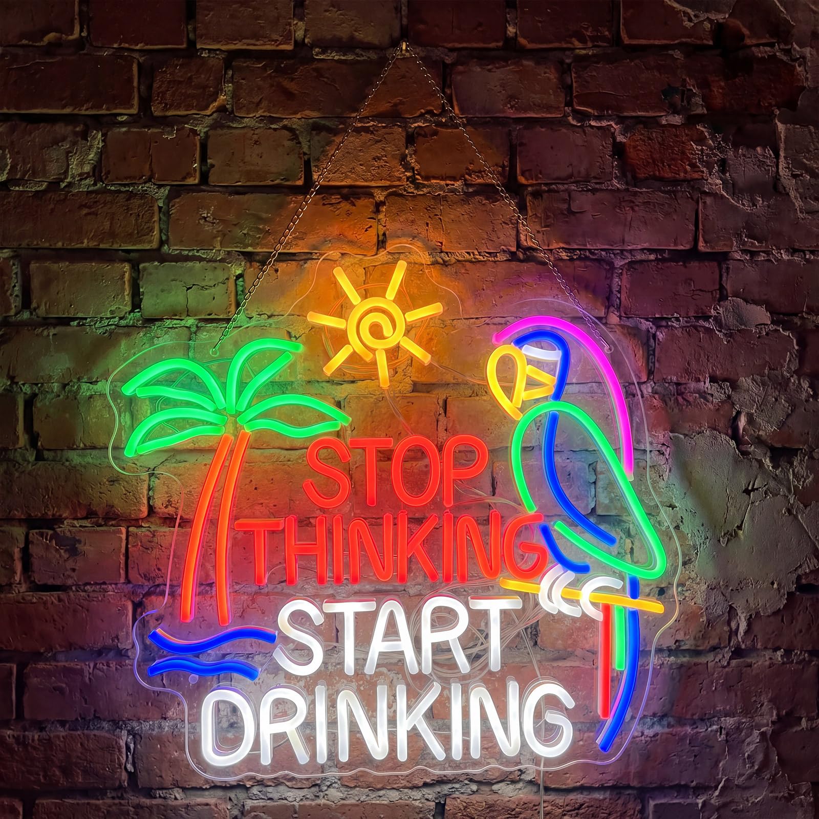 Zhengmy Insegna al neon per decorazione da parete Stop Thinking Start Drinking Bar Decorazione per feste USB Alimentata a batteria Pappagallo Palma Tramonto Lettera dell'alfabeto Lettera LED per la