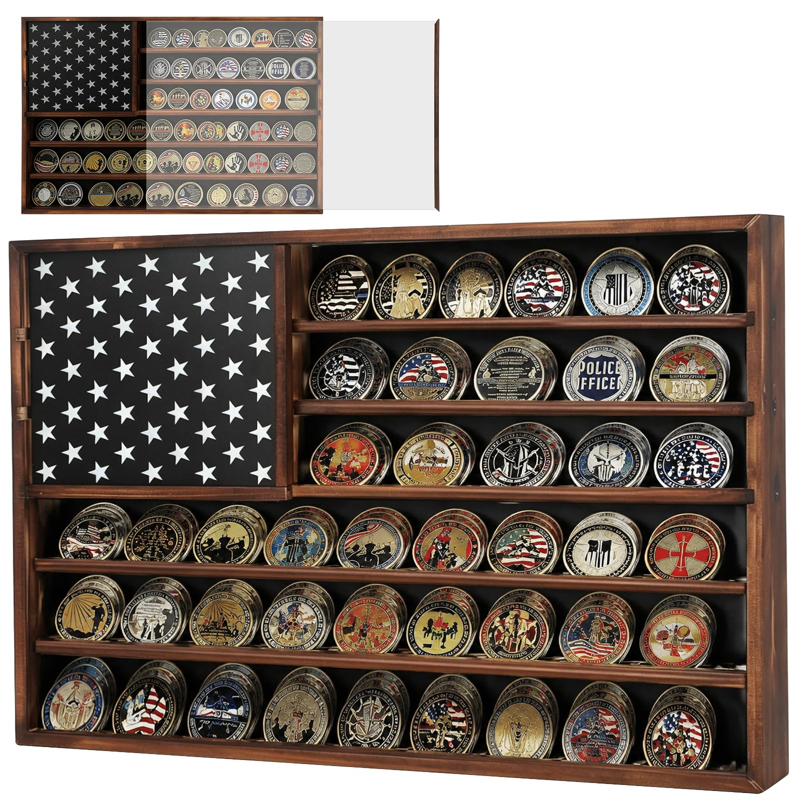 Photo 1 of ***FOR PARTS ONLY/ DAMAGED*** Challenge Coin Display Case,29.5" x 19.7" Wood Military Coin Holder Display with Anti-Dust UHD Acrylic Door,Removable Star Board & 2+3 Slot Partition Coin Display Stand for Collectors Veterans Gift