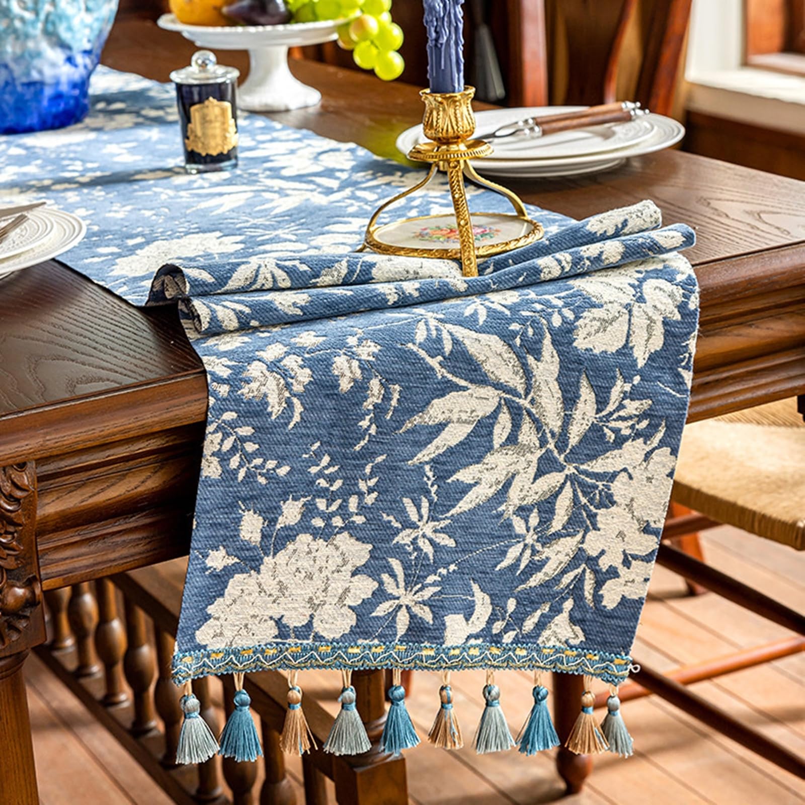 Camino de Mesa Moderno Poliéster, Caminos de Mesa Decorativo Salon 35x270 cm, Aspecto de Lino con Jacquard de Hojas Y Flores
