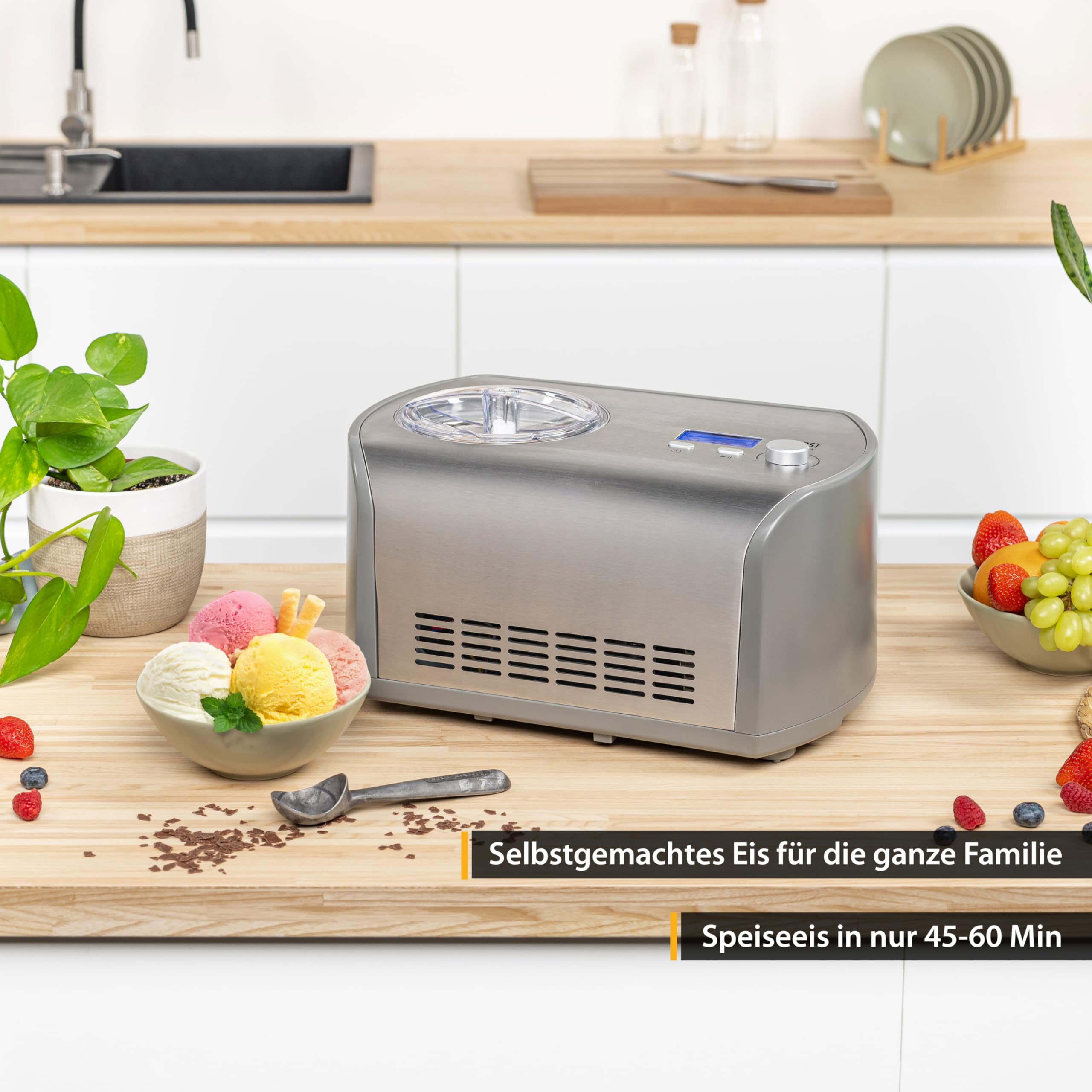 TZS First Austria Sorbetière 1,2L - 135W - Compresseur et Fonction Réfrigérante - Machine à Glace pour Crème Glacée, Sorbet ou Frozen Yogurt - Acier Inox - Gris