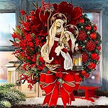 DEDEMCO Guirlanda de Natal sagrada iluminada para porta da frente, placa de boas-vindas de Natal de 40 cm com guirlanda de Natal vermelha retrô clara com frutas vermelhas e laço para decoração HOM