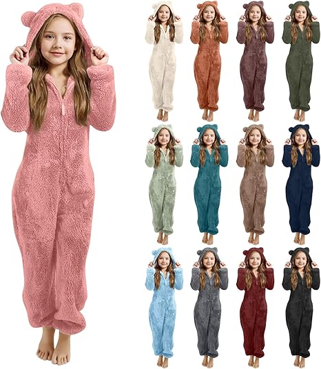 Fleece Schlafanzug Kinder - Warme Onesie Mit Kapuze - Kuscheliger Overall 2-14 Jahre