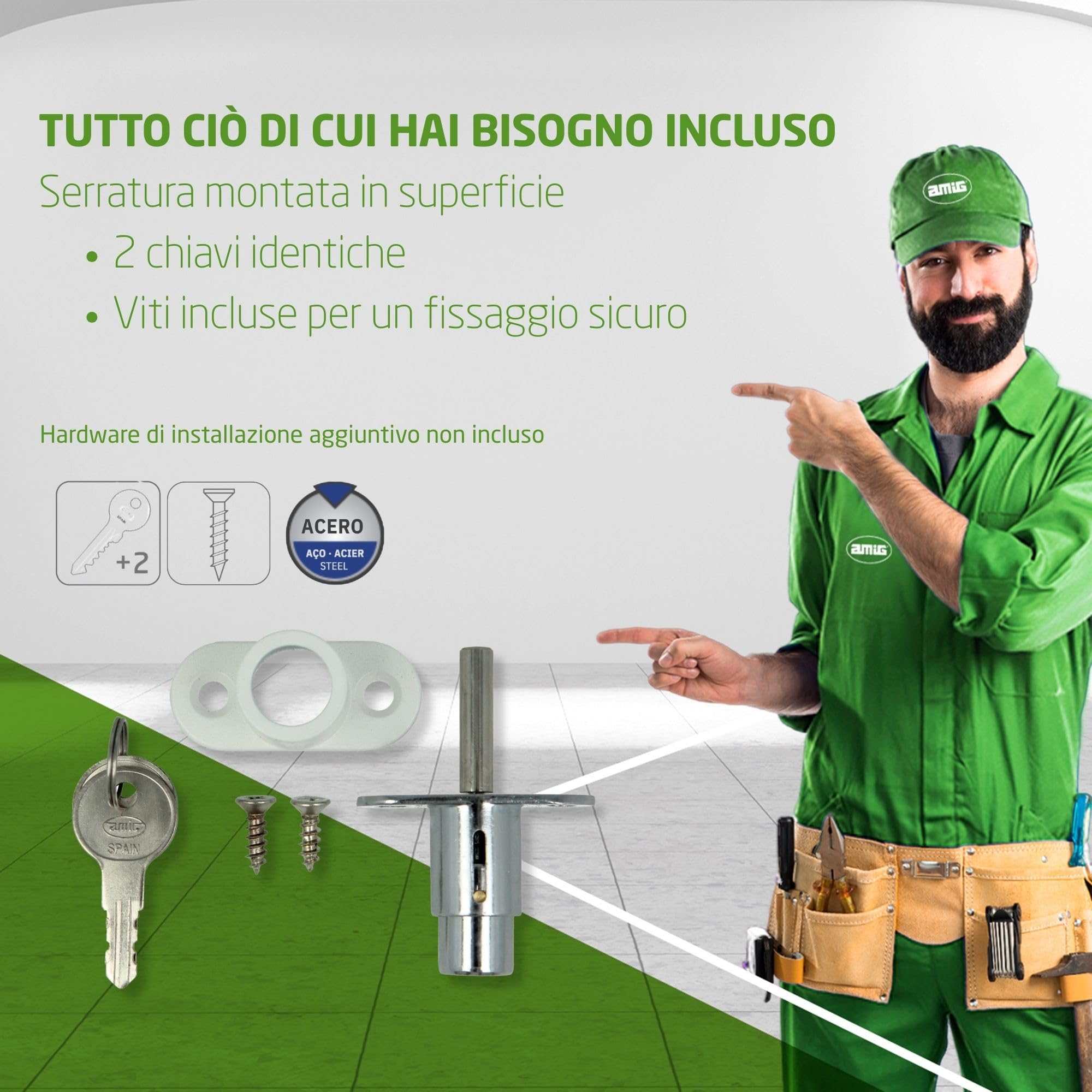 Amig - Serratura di sicurezza per finestre scorrevoli Mod.45; Chiusura a sovrapporre con 2 chiavi e Tirafondi per l'installazione, In acciaio Finitura bianco, Dimensioni: 53 x 23 mm