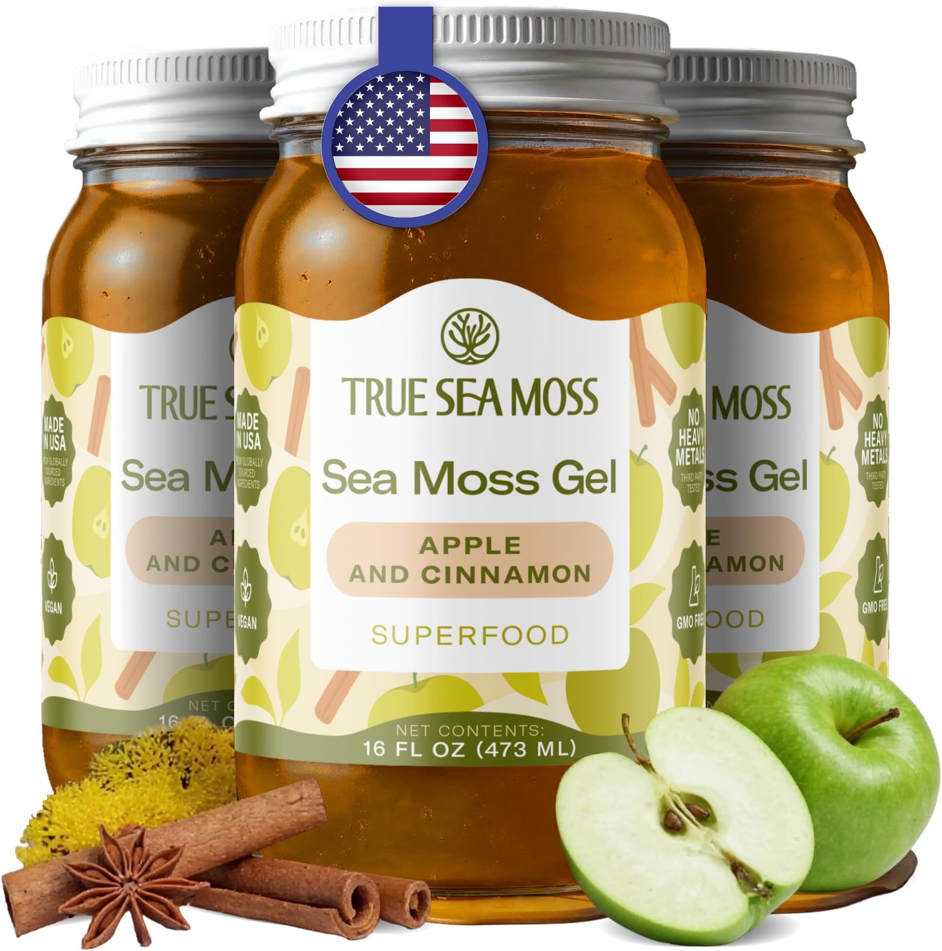 TrueSeaMoss Sea Moss Gel – Made in USA – Wildcrafted Seamoss, Fruits & Jarred Vegetables – Apple/Cinnamon, Pack of 3 (Labels may Vary)