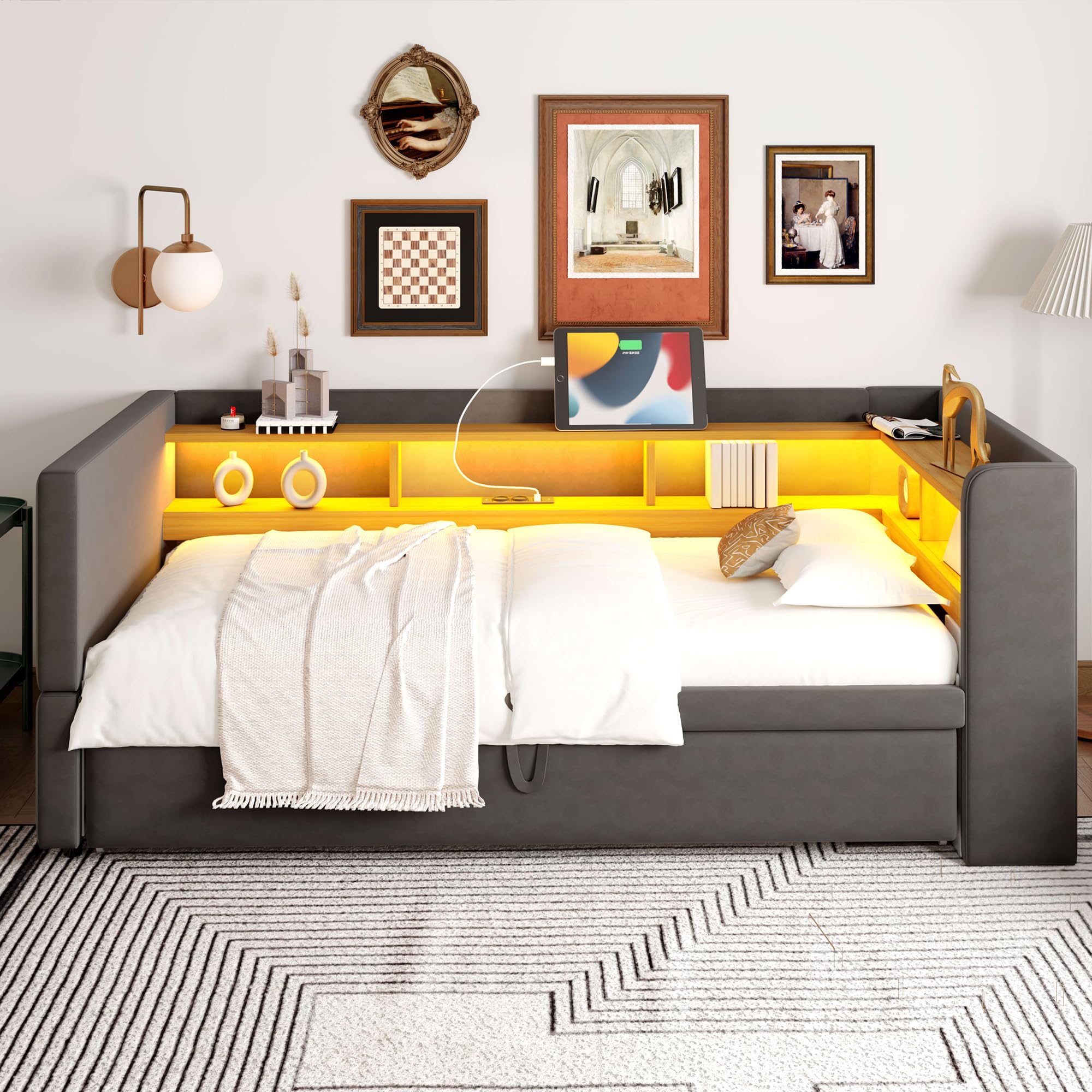 Divano Letto Estraibile 90/180 * 190cm, Letto Imbottito con Luci a LED e Prese USB, Numerosi Vani Portaoggetti Laterali, Multifunzione Lettos Singol, Grigio Scuro