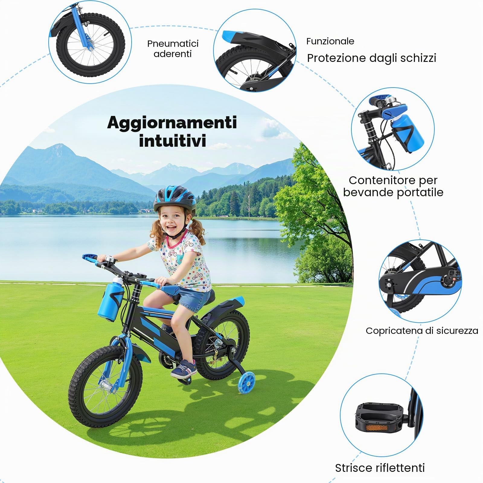 Bici da bambino da 14 pollici per bambini dai 3 ai 7 anni, bicicletta per bambini regolabile con rotelle e bottiglia, portata 60 kg