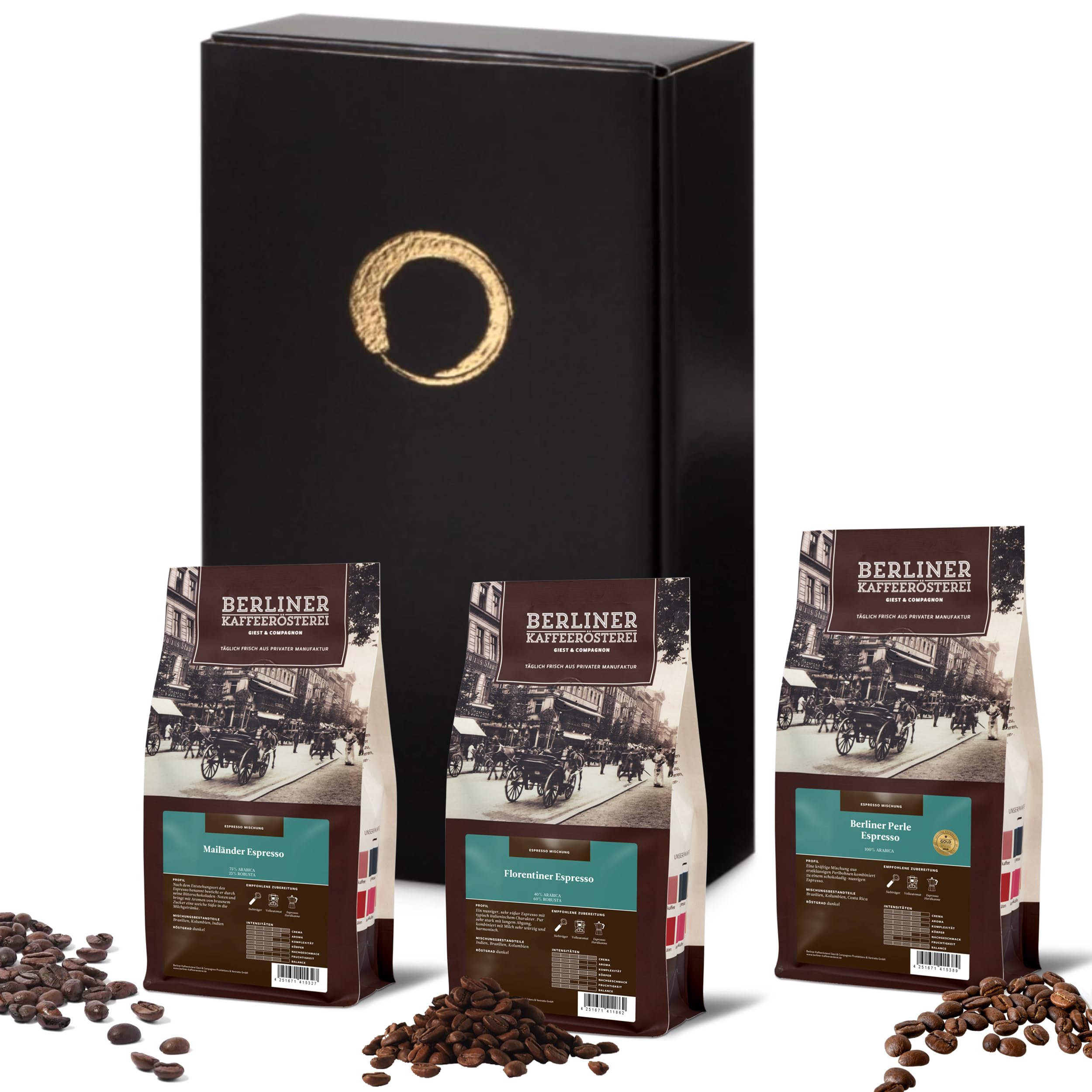 GUSTONE Premium Espresso Geschenkset 3x 250g ganze Kaffeebohnen 750g Box