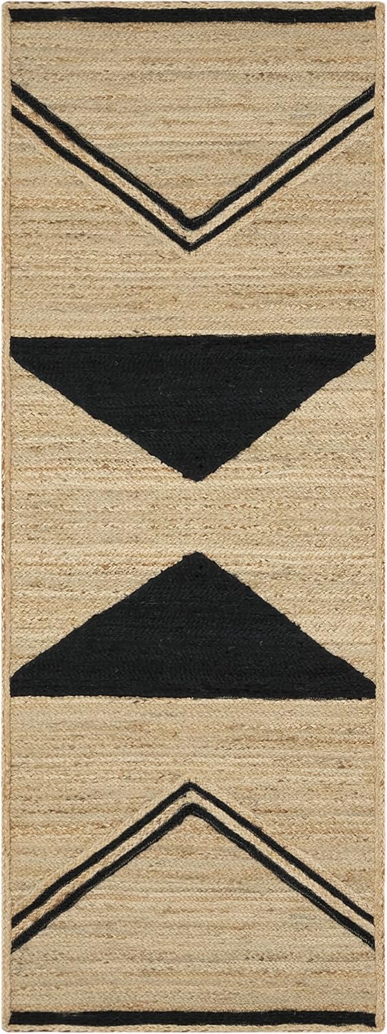 Jute Runner Kilim Runner Rug 2.6x14 Flatweave Beige Black Design Sisal Jute Rug Thick 0.27" Handmade Boho Geometric Pattern Carpet Indoor Outdoor Rugs for Hallway, Staircases, Corridor