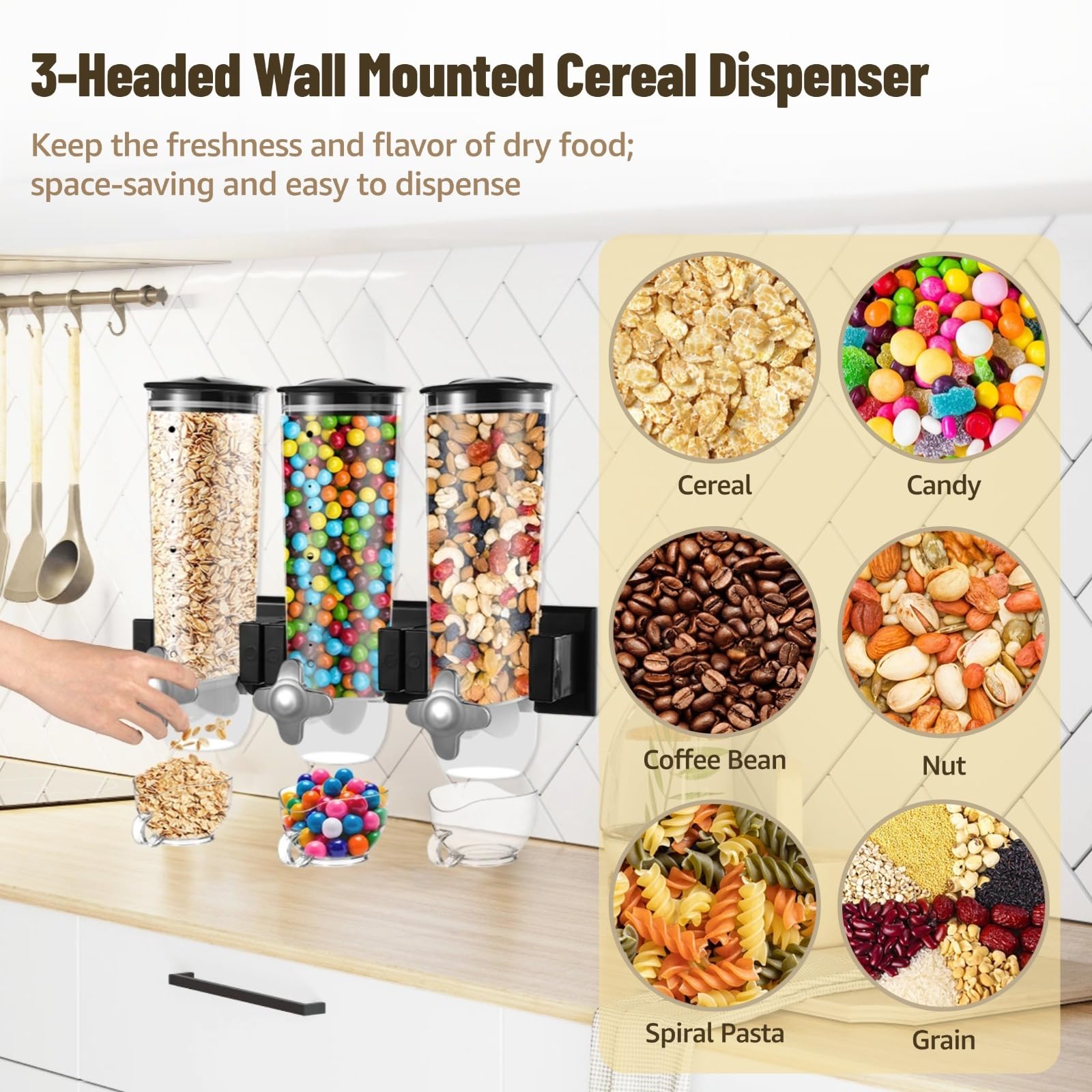 Dispenser da parete a 3 teste per cereali e alimenti secchi, contenitore trasparente da 4,5 l per snack, chicchi di caffè e cereali, soluzione salvaspazio da cucina