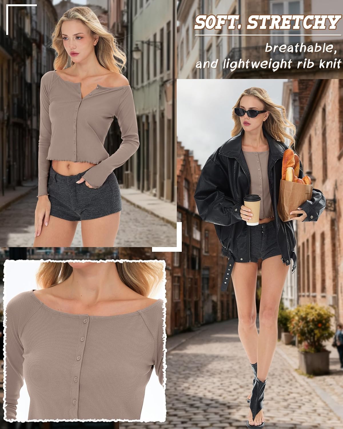 Oakgarden Women's Cropped Cardigan Cotton Long Sleeve Ribbed Y2k Button Down Shirt Scoop Neck Slim Fit Fall Top - Image 5