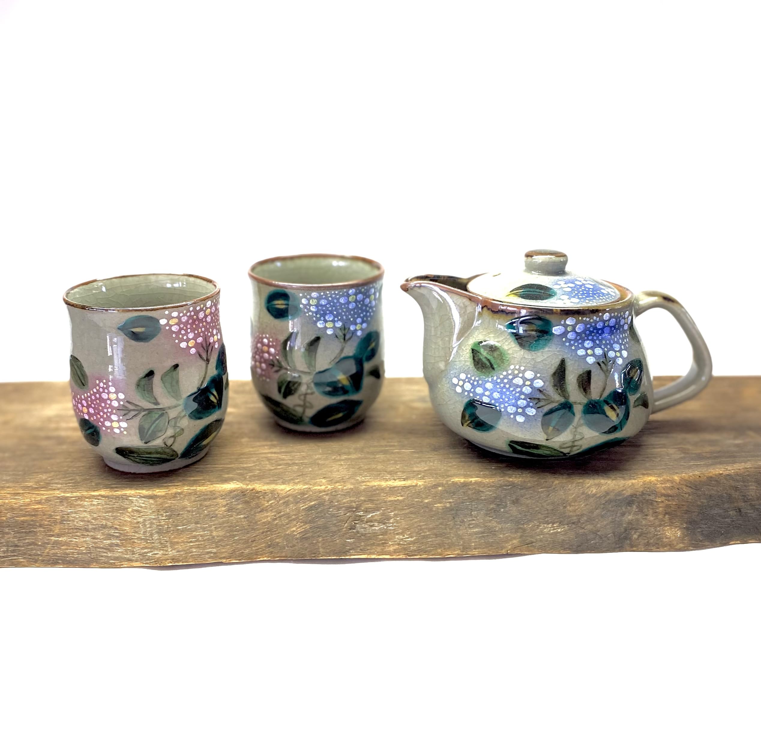 紫陽花ティーセット　茶器　急須　湯飲み Amazon.co.jp: 百華園 九谷 茶器 急須 ティーポット 3点セット 大 がく