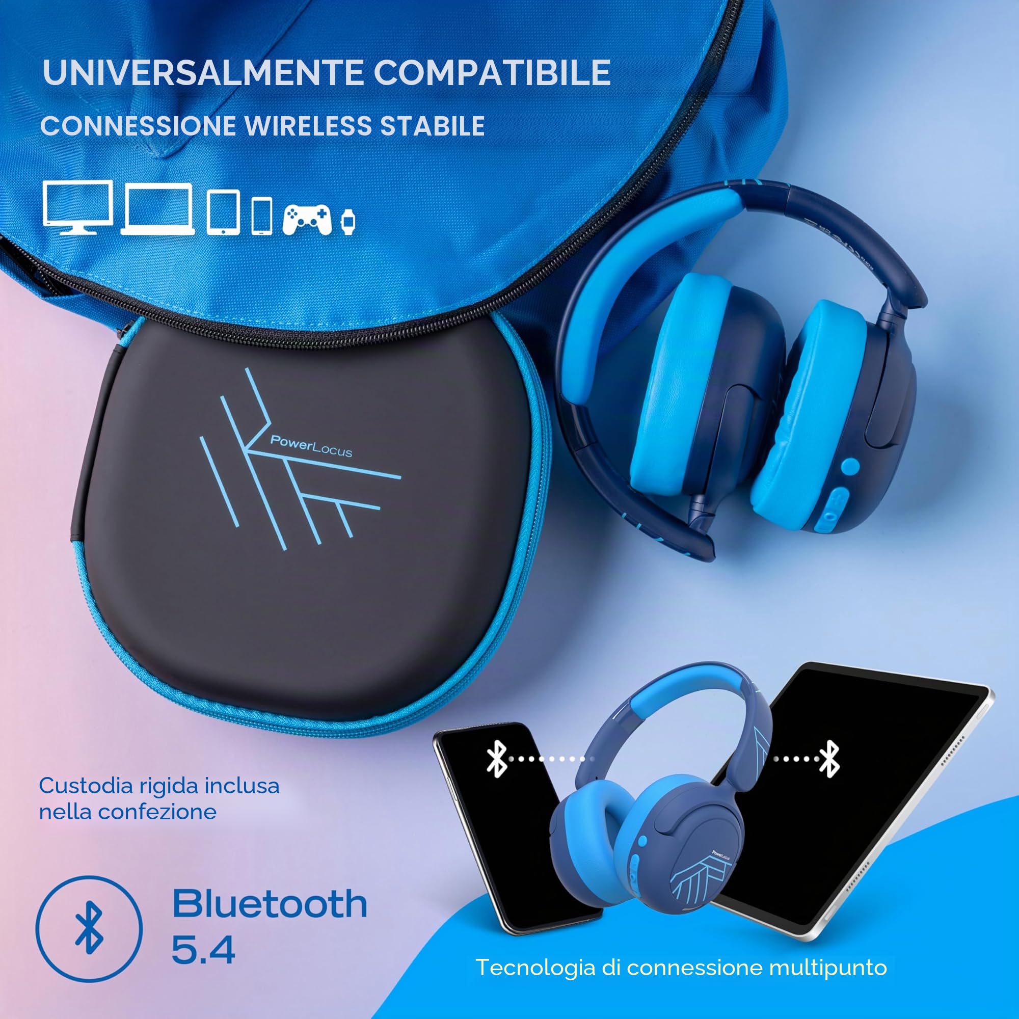 PowerLocus Cuffie Bluetooth per Bambini, Cuffie Over Ear con Cancellazione del Rumore Attiva, Cuffie con Limitatore Volume 74/85/94dB, 70 Ore Autonomia, Boom Microfono e Custodia per Viaggi, Tablet