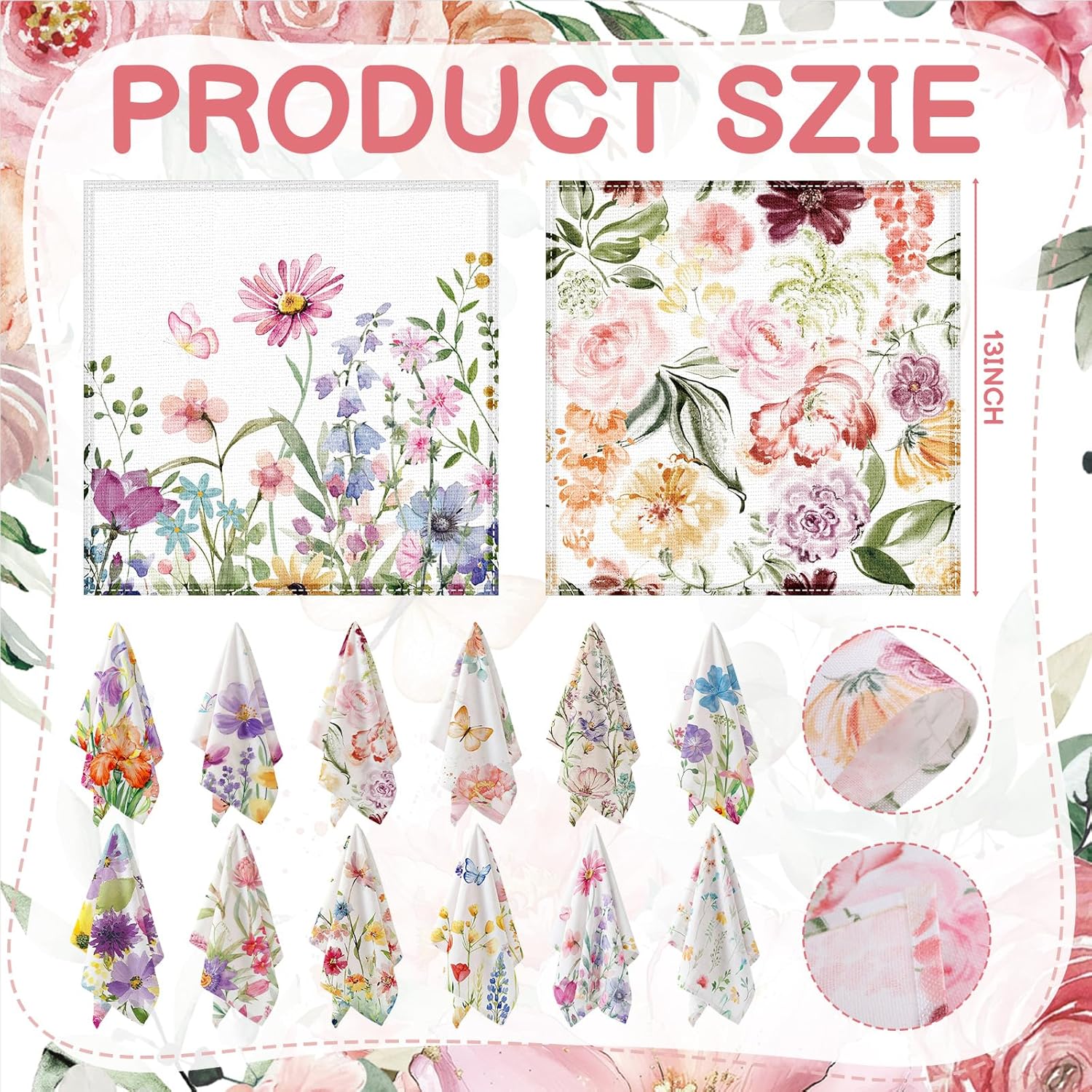 Chumia 24 Pcs Floral Cloth Napkins Tea Party Decor 13 x 13 Inch Spring Reusable Cotton Wildflower Dinner Napkins Fabric Assorted Floral Decor for Cocktail Wedding Spring Dining Watercolor Floral 24