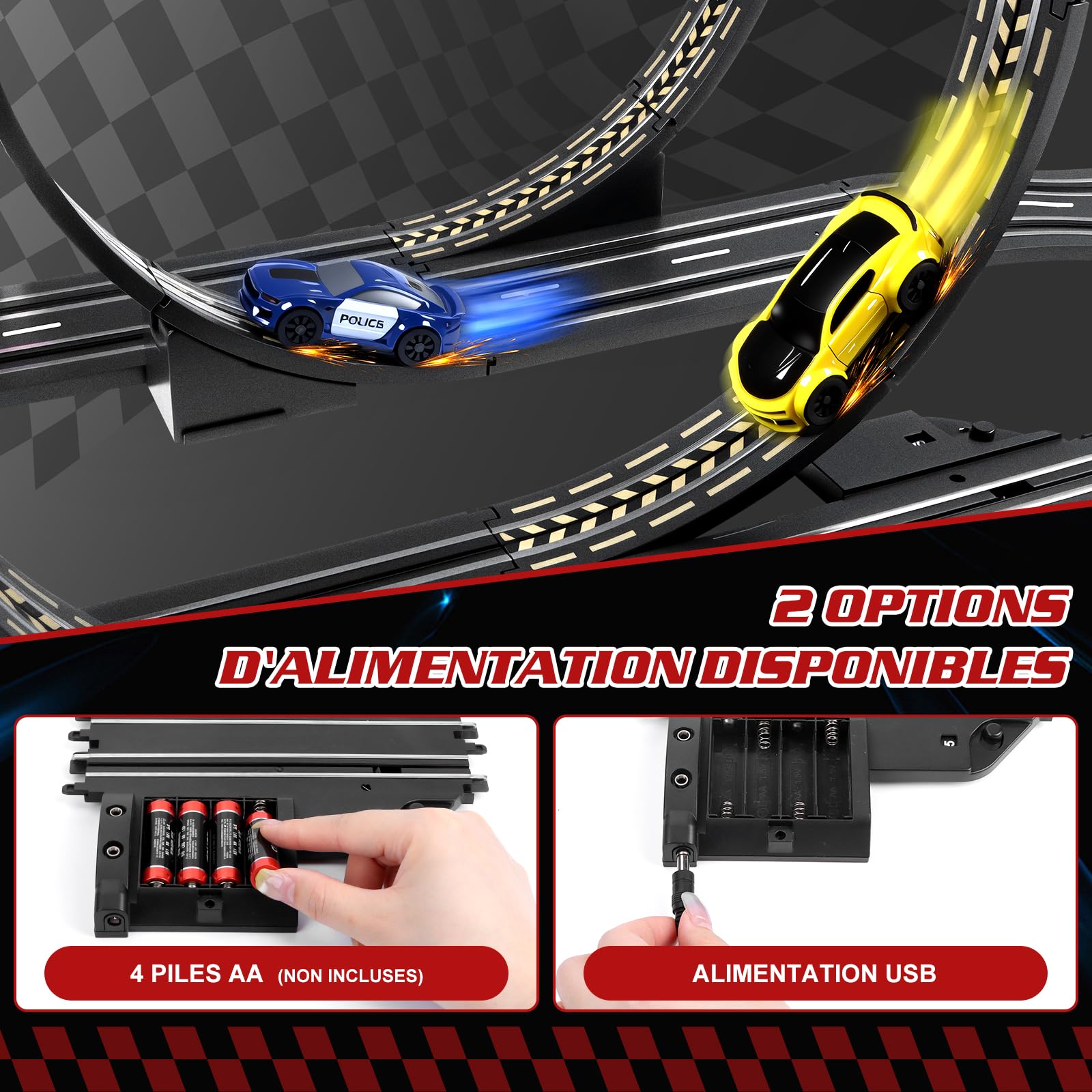 JONRRYIN Piste De Course Voiture Electrique, 2 Voitures, 2 TéLéCommandes, 2 Boucles De 360°, Compteur De Tours, Circuit Voiture Enfant Piste De Course Enfants 6+ Ans (1:64)