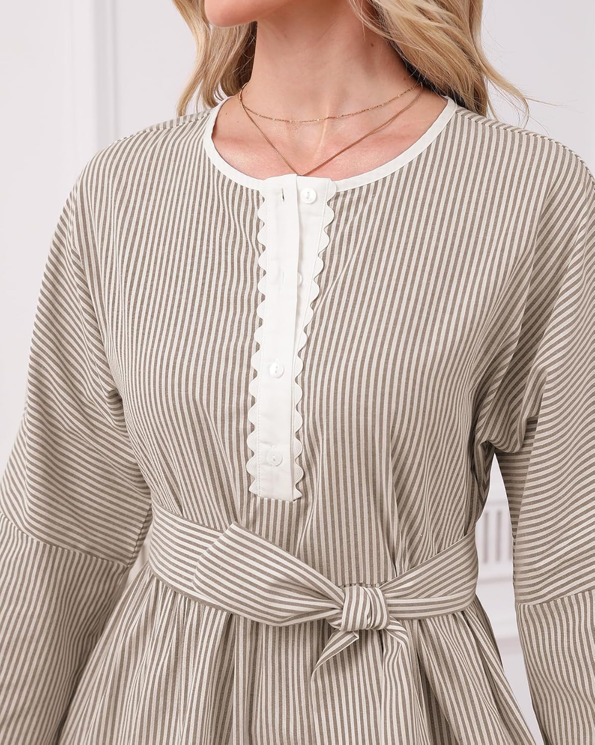 Women’s Long Sleeve Striped Shirt Mini Dress 2025 Fall Flowy Cute Tiered RIC Rac Trim A-Line Short Babydoll Dresses with Belt - Image 6