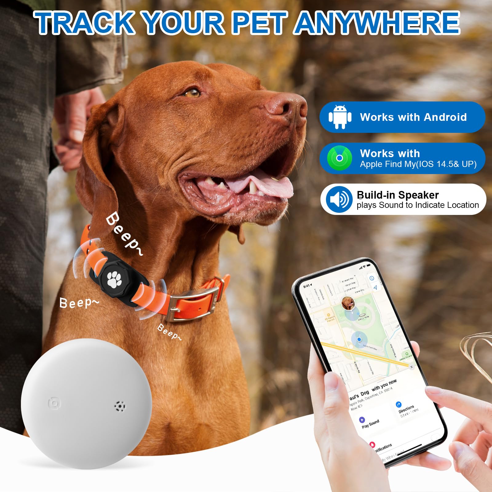 Smart Pet Tracker per collare – Localizzatore per cani con supporto, senza canone mensile, dispositivo di localizzazione anti-smarrimento per animali domestici, bagagli, cinghie per borse, compatibile