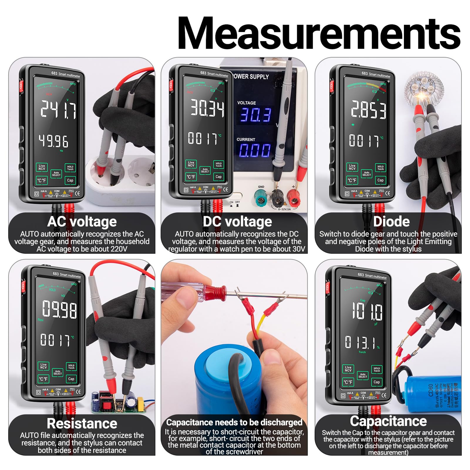 HUIOP 683 6000 Conta Multimetro digitale grande touch screen Misuratore universale ricaricabile intelligente -ustione VA Display inverso Tester NCV con torcia elettrica per tensione Corrente