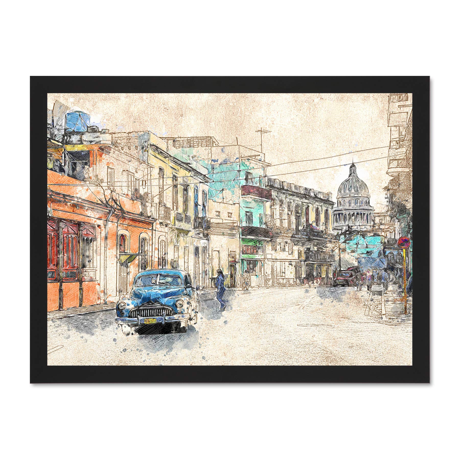 Havana Cuba Street Painting Sketch Large Framed Art Print Poster Wall Decor 18x24 inch