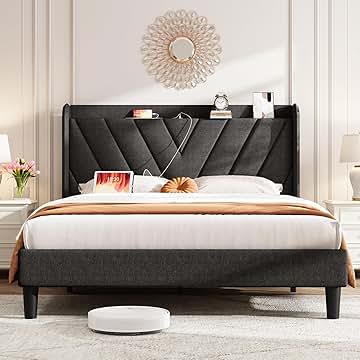 Queen Bed Frame with Headboard, Adjustable Upholstered Platform Bed Frame with Type-C&USB Ports, Wingback Storage Headboard, Solid Wood Slats Support, No Box Spring Needed, Dark Gray