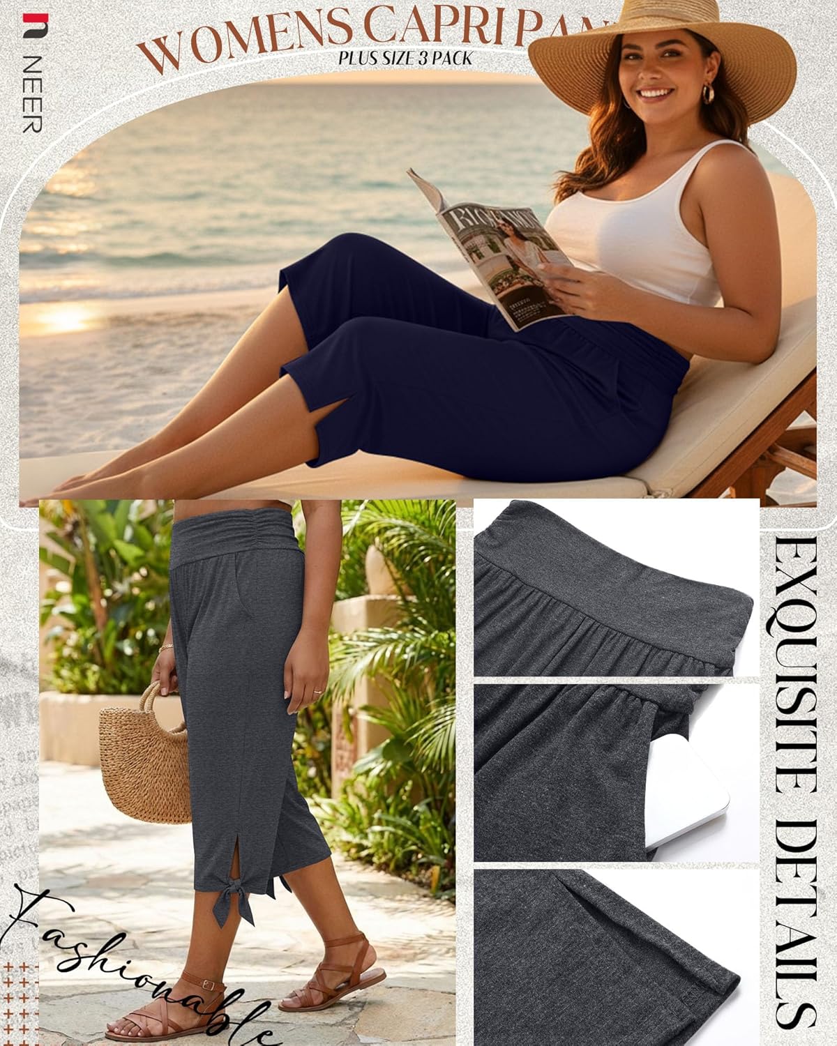 Neer 3 Pack Women's Plus Size Cotton Capri Pants High Waisted Wide Leg Loose Lounge Yoga Cropped Sweatpants with Pockets - Image 3