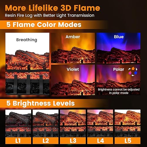 Miniatura 3 de ORALNER Juego de troncos de chimenea eléctrica, calentador de troncos de cuarzo infrarrojo de 26 pulgadas con control remoto, temporizador de 8