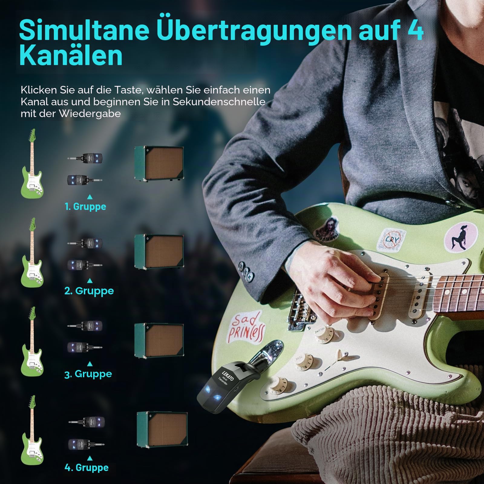 LEKATO Kabelloses Gitarrensystem,2,4 GHz kabelloser Gitarrensender-Empfänger mit 8 Stunden Laufzeit, wiederaufladbares digitales kabelloses E-Gitarrenkabel, Bass-Buchsenkabel für Gitarren bässe