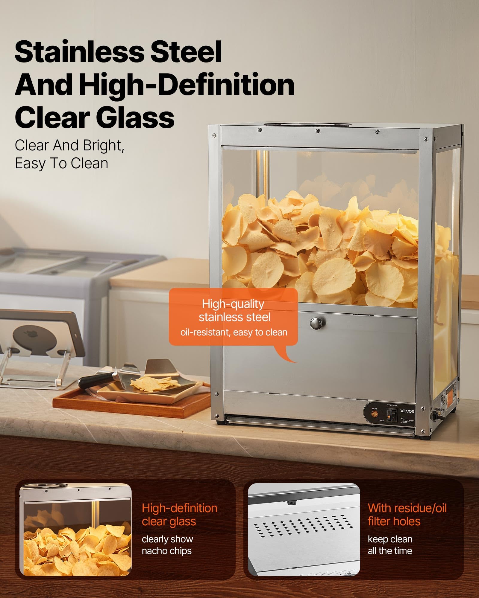VEVOR Vitrine Chauffante 80 L, Chauffe-Nachos avec Base et Lampe Chauffante, pour Chips de Pomme de Terre Popcorn Cacahuètes Stade Cinéma Supérette Cafétéria Bar à Snacks, Présentoir à Chaud en INOX