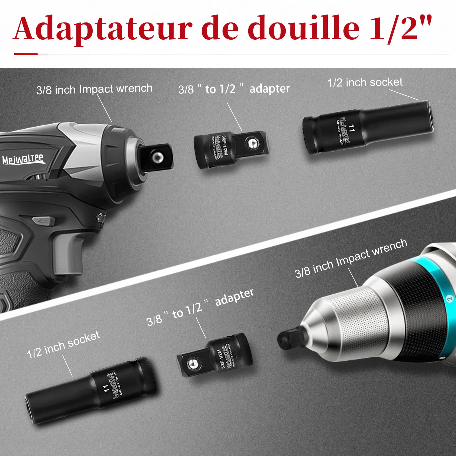 Jeu de douilles à chocs, Meiwaltee 20 Pièces 1/2" Douilles à chocs 6 Pans : 10-24 mm et barre d'extension 3'' 5'' 10'', acier Cr-MO avec revêtement phosphate noir，Douilles et Coffrets,Métrique
