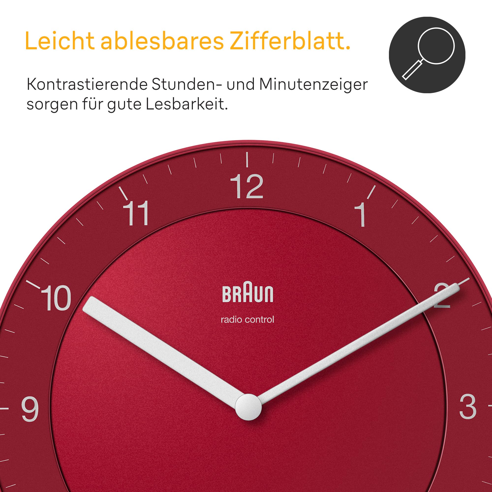 Braun Klassische Funkwanduhr Mitteleuropäische Zeitzone (MEZ/GMT+1) mit ruhigem Uhrwerk, leicht lesbarem Zifferblatt mit 20 cm Durchmesser in Rot, Modell BC06R-DCF.