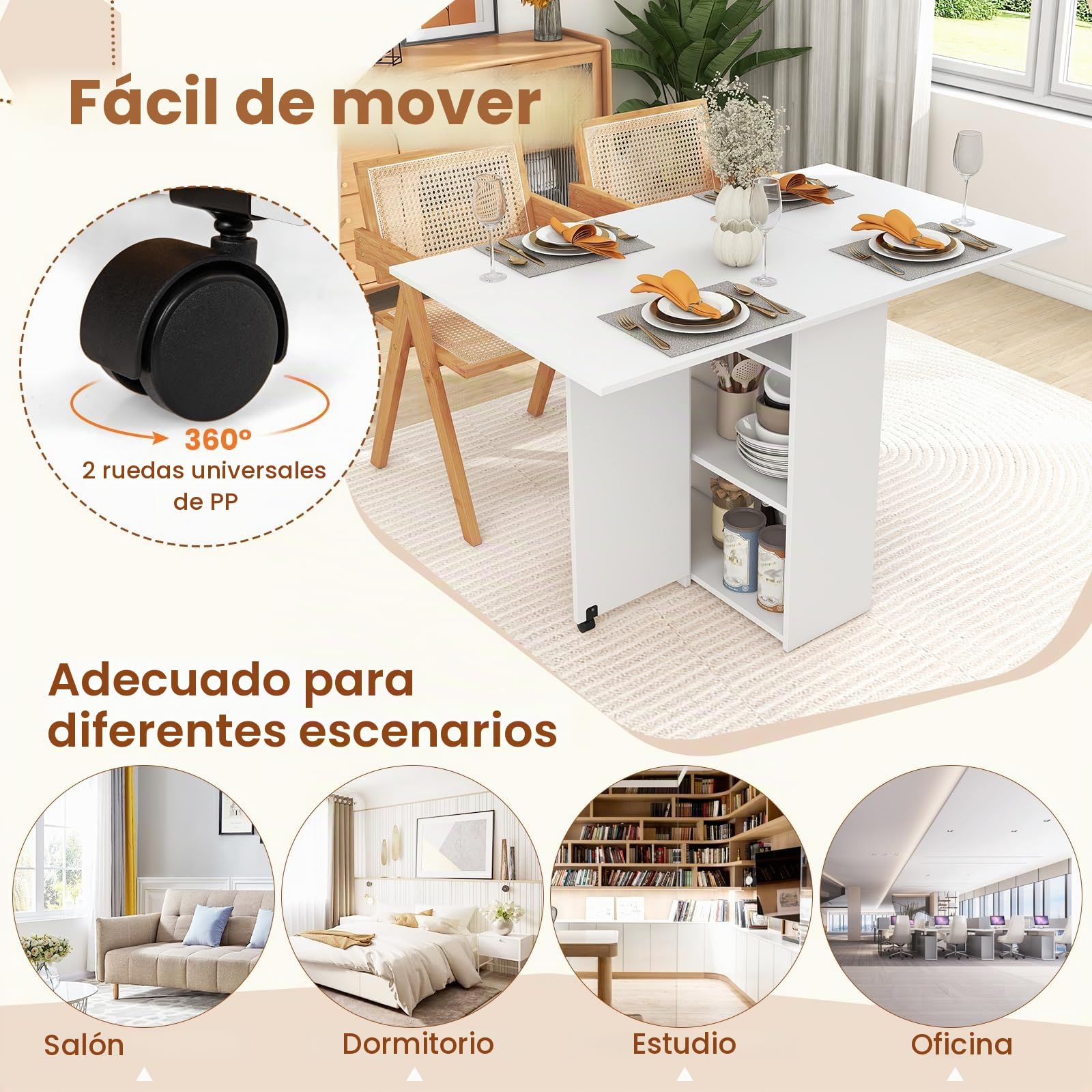 RELAX4LIFE 4 en 1 Mesa de Comedor Extensible con Puertas Abatibles y 2 Ruedas Universales para 4-6 Personas, Mesa Plegable de Cocina con 2 Estantes y 1 Cajón para Comedor/Salón, 72x120x75cm (Blanco)