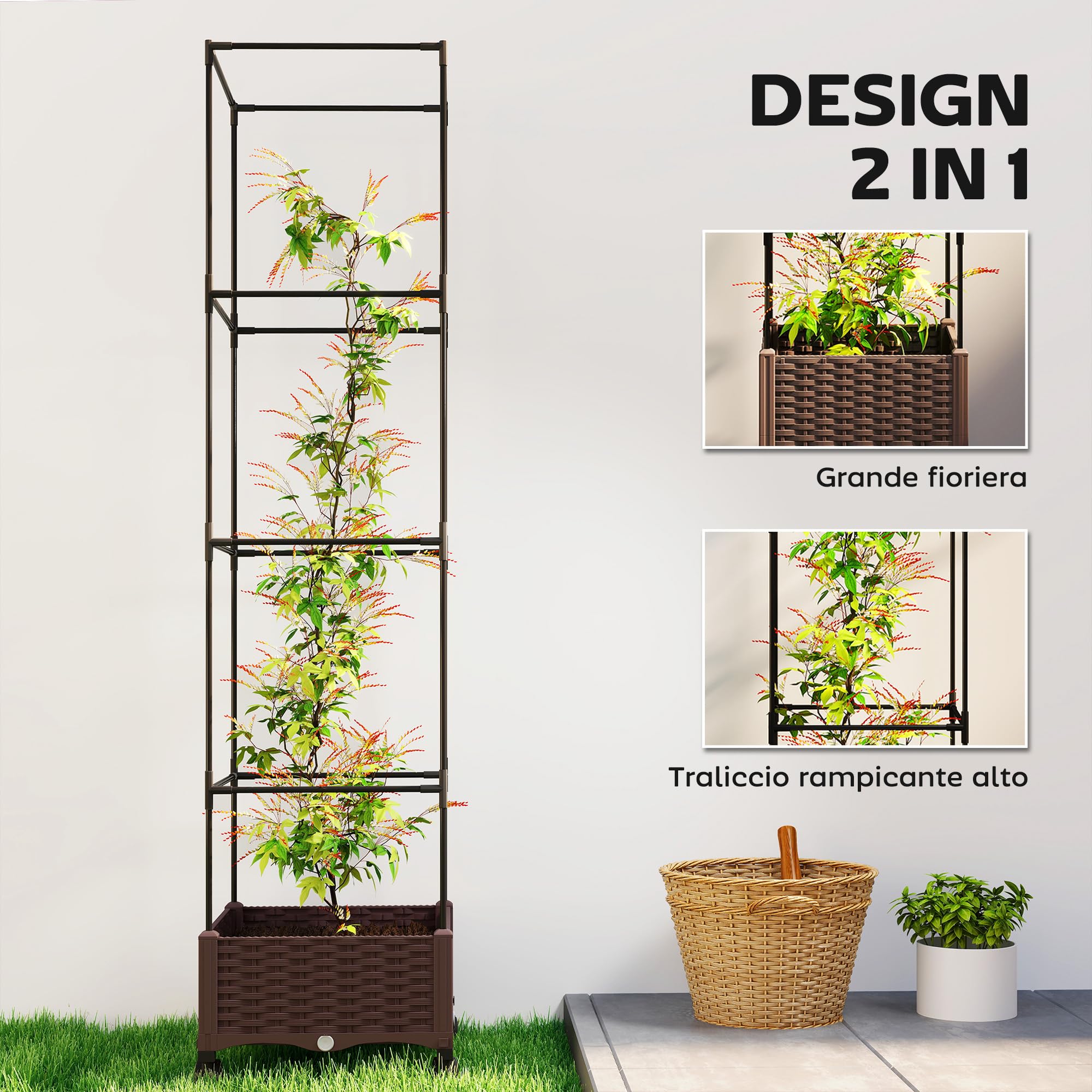 Outsunny Fioriera Rialzata con Traliccio 20L, Letto per Orto Rialzato da Esterno con Ruote Bloccabili, Sistema di Autoirrigazione, Fori di Drenaggio, per Piante Rampicanti, Verdure e Fiori, Marrone