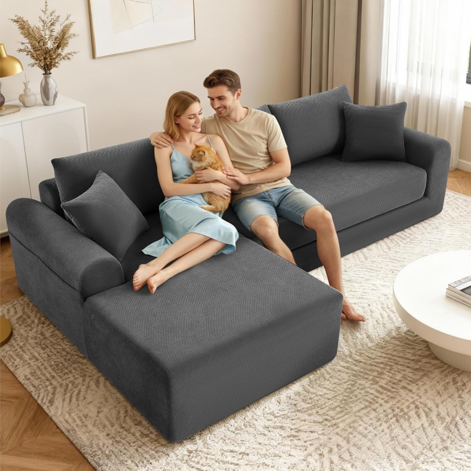 103 inch Cloud Sectional Couch, Modular Sectional Sofa with Deep Seat,Folding L-Shape Sofa Bed,Corduroy Boneless Couch Bed for Living Room,No Assembly Required,(Grey,Left Facing Chaise)