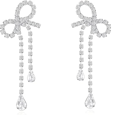 Silver CZ and Pearl Bow Earrings for Women Long Rhinestone Bowknot Drop Dangle Earrings Elegant Bow Jewelry Gift