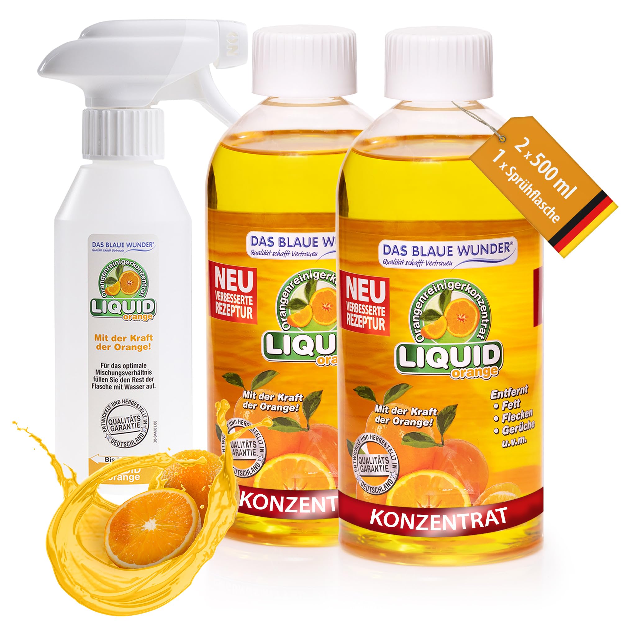 Das blaue Wunder Liquid Orange Orangenreiniger 2 x 500 ml Konzentrat, Allzweckreiniger für den Haushalt, Universalreiniger für Küche Bad Auto, inkl. Sprühflasche