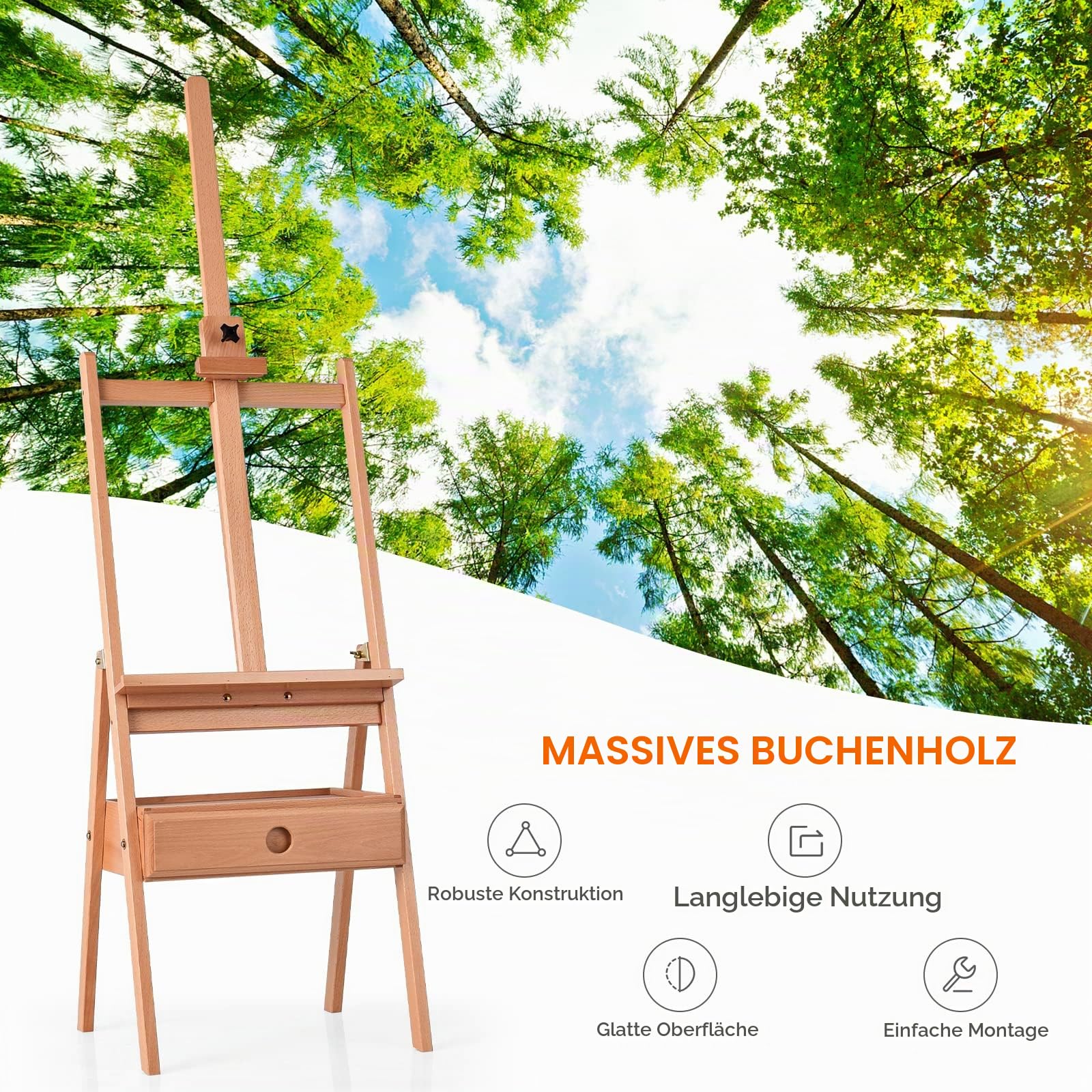 LIFEZEAL Staffelei, Höhenverstellbare Künstlerstaffelei mit Schublade, Atelierstaffelei aus Buchenholz, Freistehende Bodenstaffelei für Klassenzimmer, Zuhause & Feld, Innen & Draußen (6)