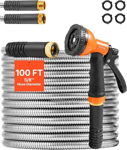 VEVOR Manguera de jardín de metal de 100 pies – Manguera de agua de acero inoxidable resistente, flexible, sin torceduras ni enredos, resistente a