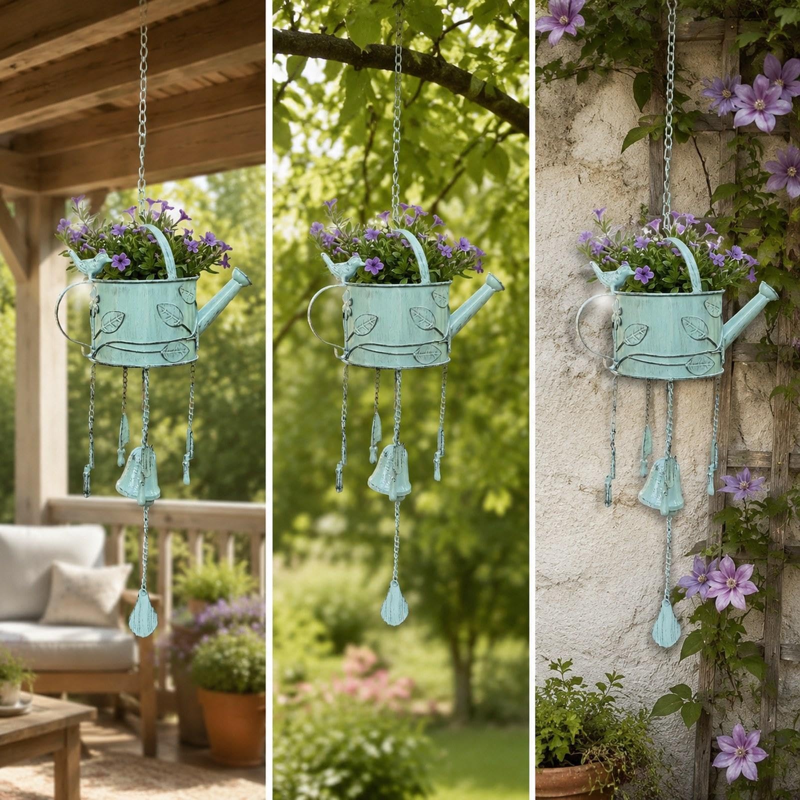 Baoblaze Annaffiatoio in Metallo con Campanellino a, Versatile, Rustico, Decorativo da Appendere per Interni, Giardino ed Esterni, Idea Regalo, Verde