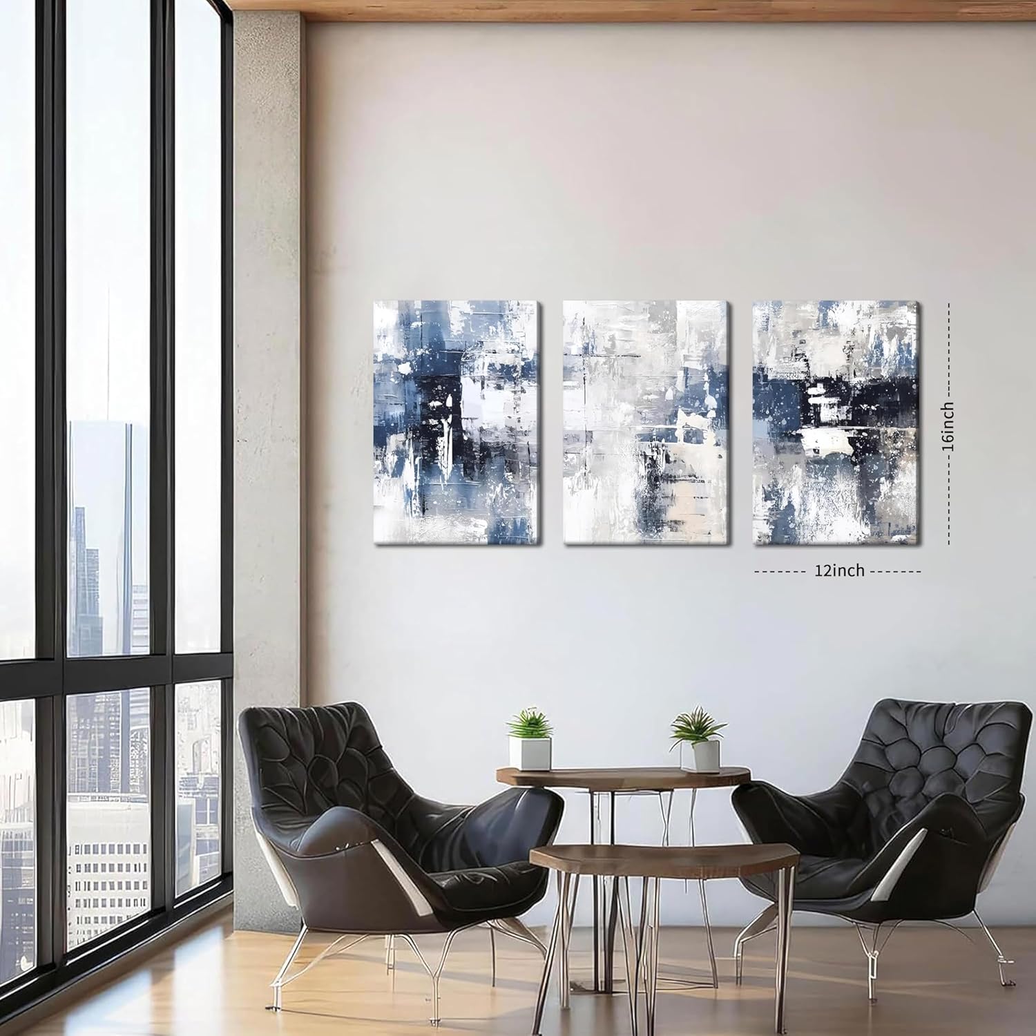 Abstract Blue and White Wall Art Set of 3, Modern Simple Navy Framed Canvas Prints Poster, Gray Painting Picture for Living Room, Bedroom, Office Wall Decor 12x16 Inch