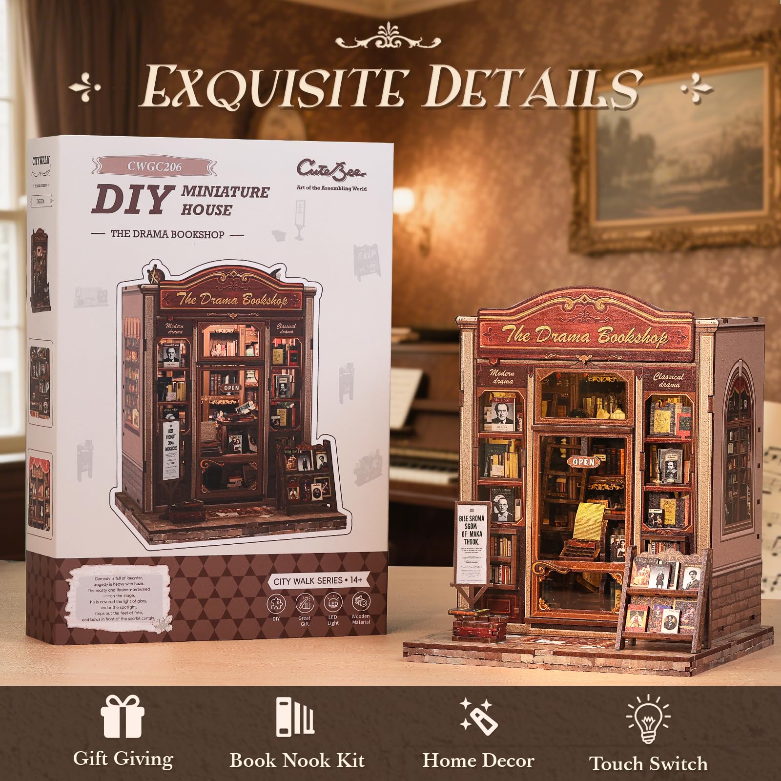 CUTEBEE Book Nook Kit - Casa Delle Bambole in Miniatura DIY per Adulti, Stile Miniature da Costruire di Legno Puzzle 3D Drammatico Classico, Regali per Familiari e Amici (The Drama Bookshop)