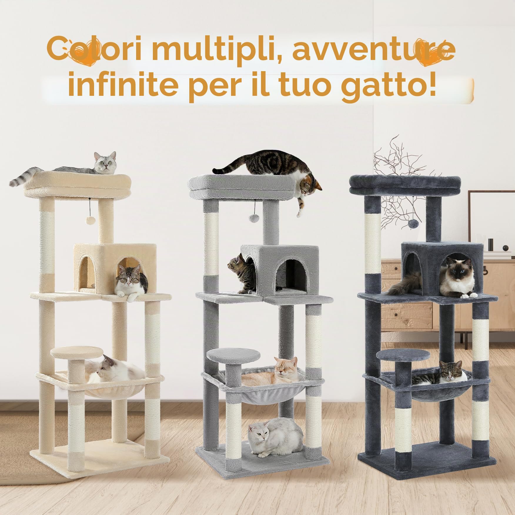 PAWZ Road Albero per gatti da 143 cm, con struttura in metallo, grande amaca per gatti da 143 cm, torre per gatti grandi con tiragraffi e posatoio superiore, centro attività multilivello da 1,4 m, con