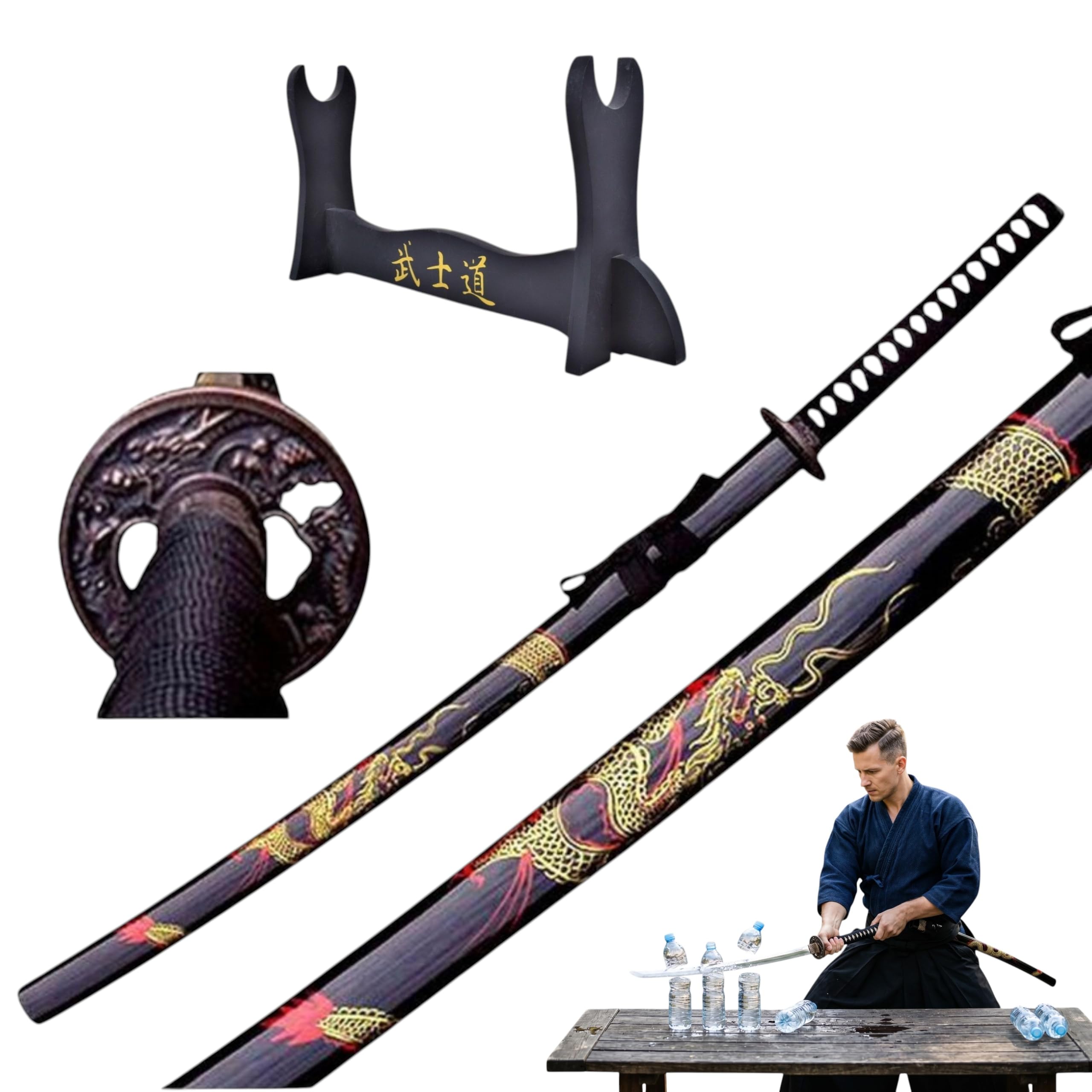 Drachen Katana Schwert scharf echt zum Training Metall Dazu der Ständer Stahl 1060 Samurai 100% Handarbeit nur für Erwachsene - 18 Jahre erforderlich 4KM91-409BKA