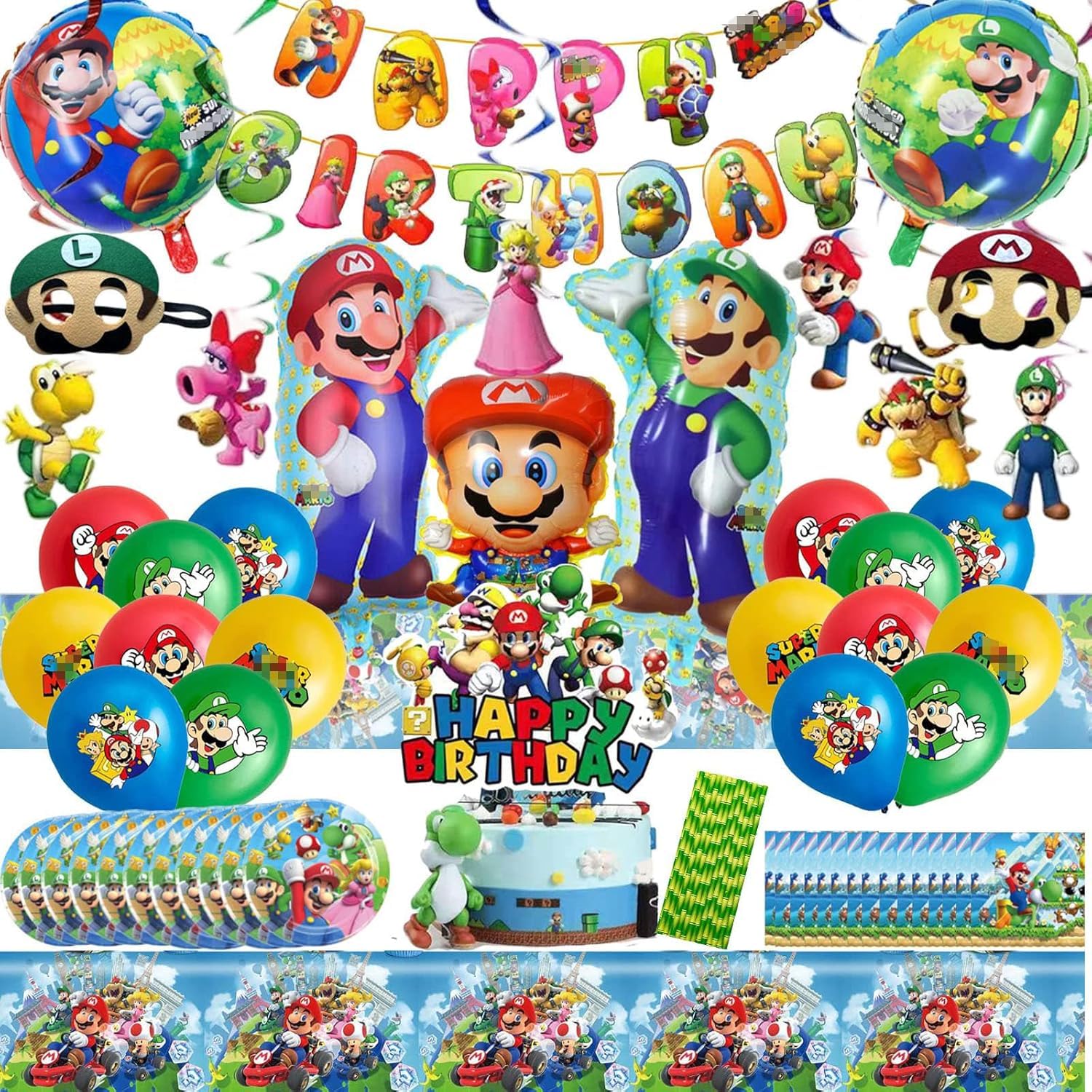 Set di decorazioni per compleanno per bambini da 87 pezzi, Include striscione, Decorazione per torta, Tovaglia, Vassoio di carta, Palloncino, Tovagliolo di carta, Maschera per gli occhi