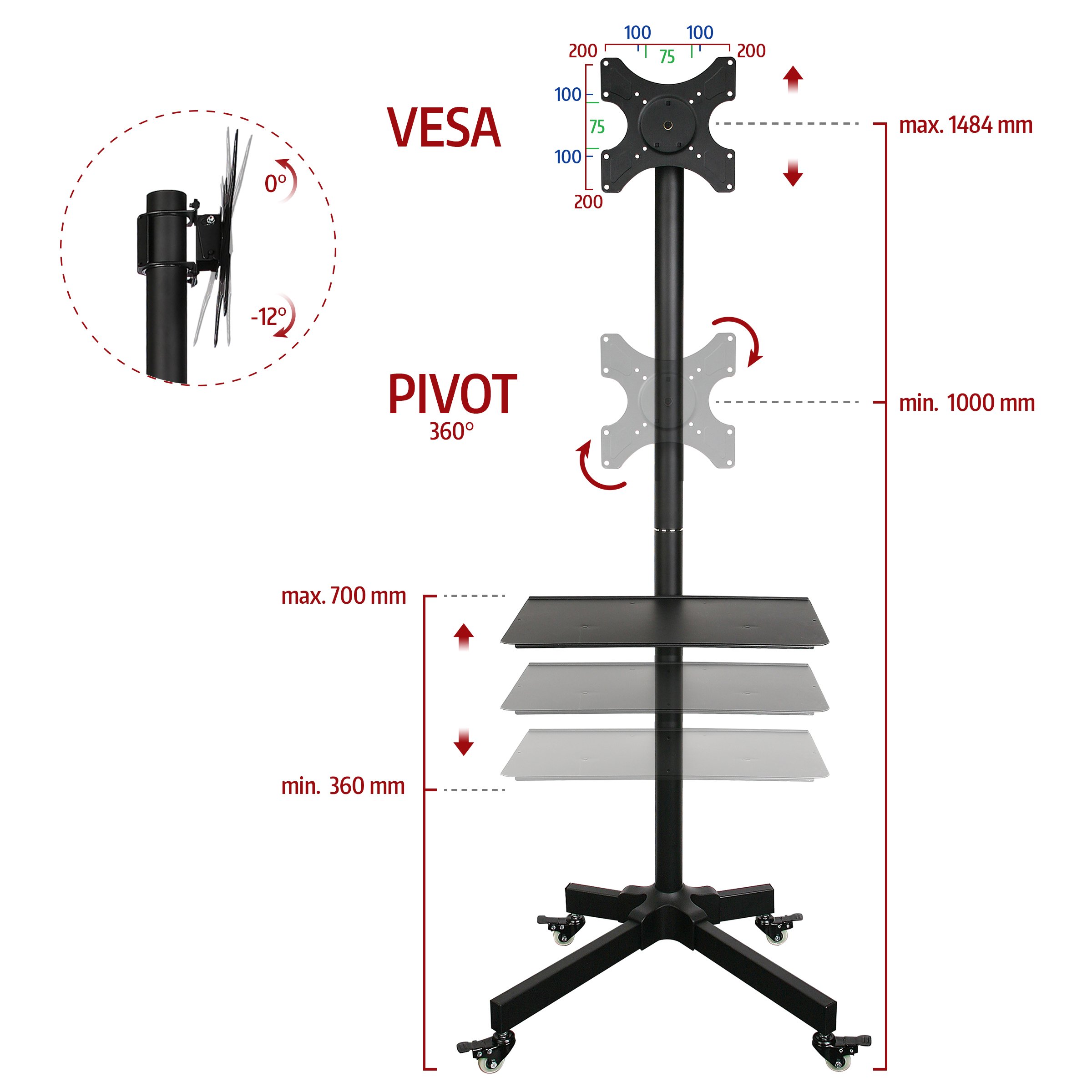 Regolabile supporto da pavimento per televisori LCD LED da 19-37 pollici (diagonale 48cm - 94cm), fino a 20 kg con VESA, max 200x200mm