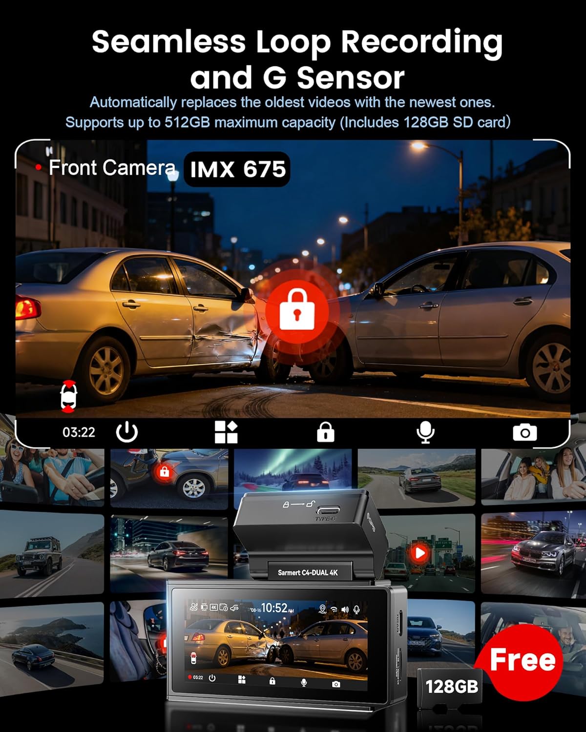 4K+4K Dash Cam Front and Rear, Sarmert C4 Dash Cam Free 128GB Card Included, Built-in GPS and 5G WiFi, HDR Night Vision, WDR Dash Camera for Cars, App, 24H Parking Mode