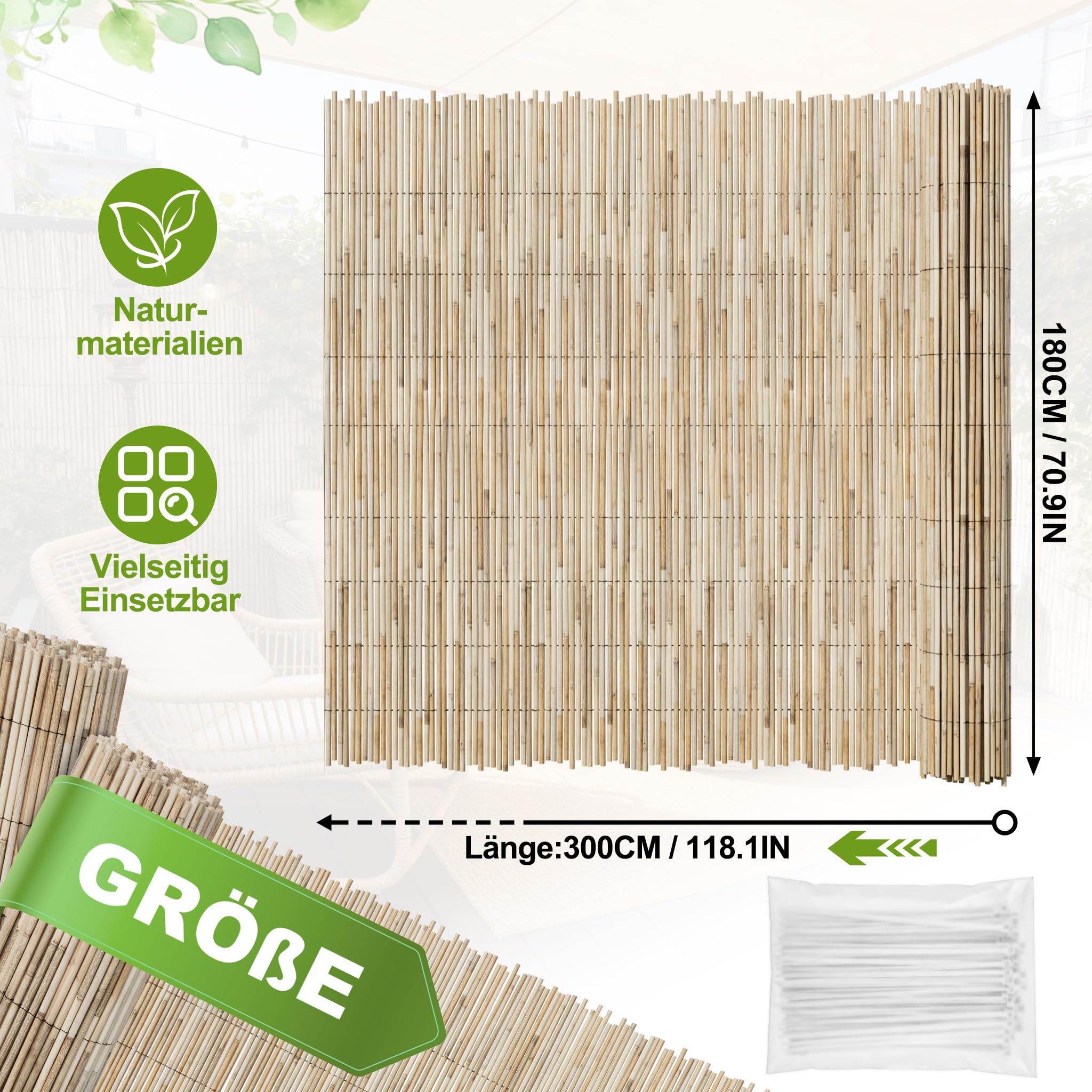 UISEBRT Schilfmatten Sichtschutz in 7 Größen,Schilfrohrmatte 180x300 cm,Sichtschutzzaun aus Natur Schilf Matte,Sichtschutz, Windschutz & Sonnenschutz für Balkon, Terrasse, Garten