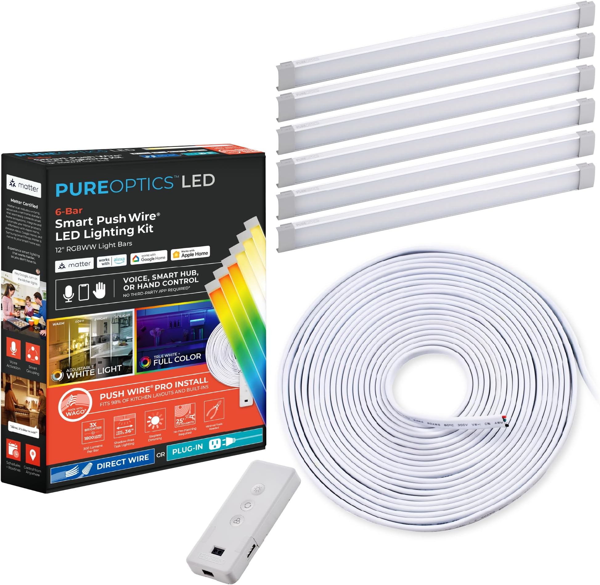 Professional Push Wire® Matter Certified Smart Under Cabinet Lighting Kit, Adjustable White and RGB LEDs, Works with Alexa, Apple Home, Google Home, (6) 12" Bars
